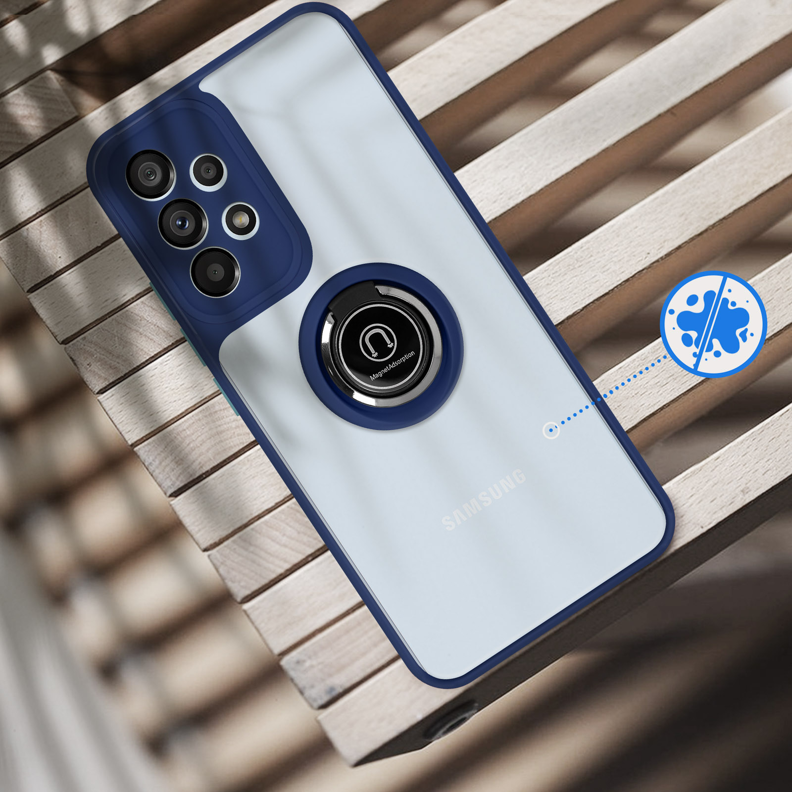 Een blauwe telefoon met ringhouder op houten latten. Een spat-icoon is zichtbaar.