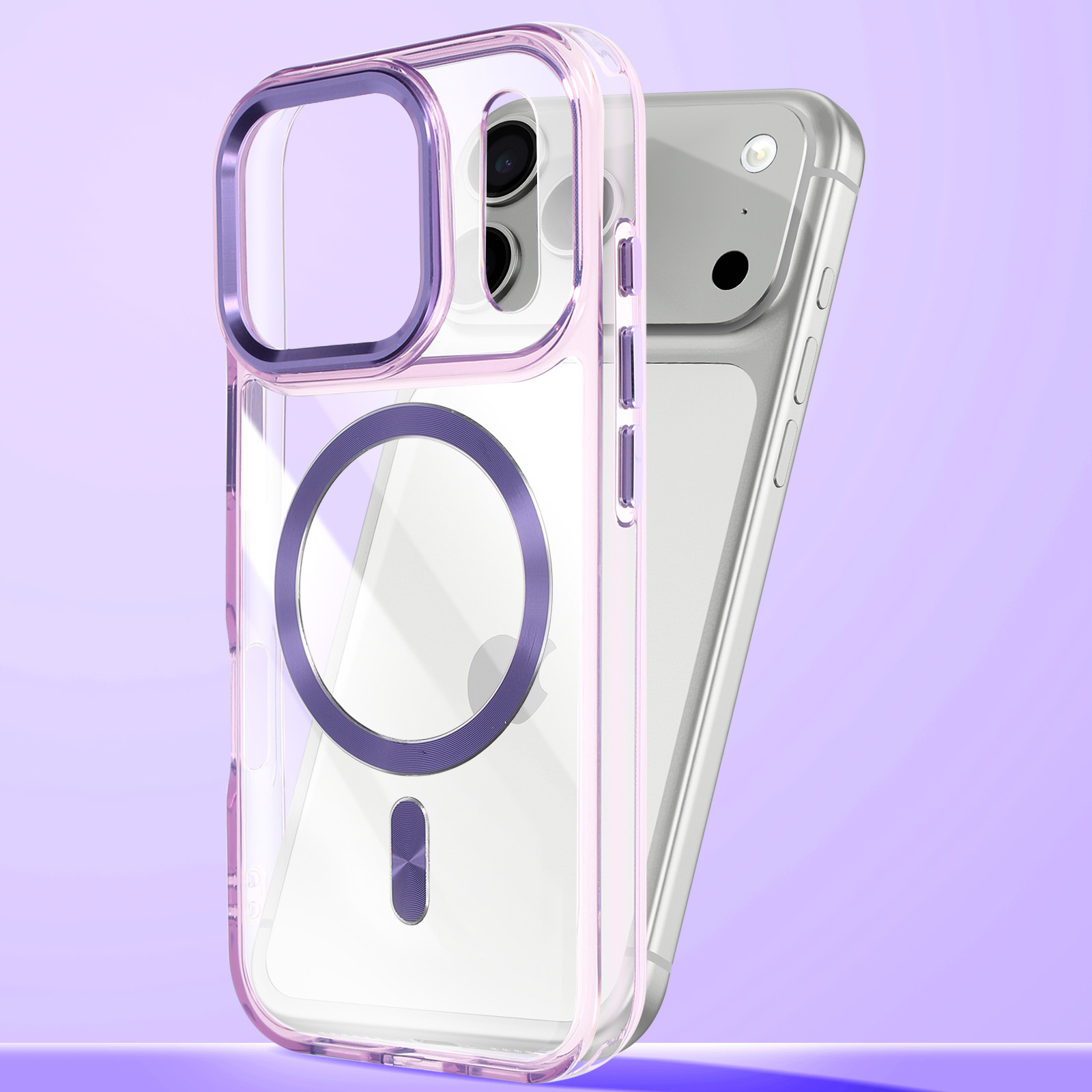 Coque de téléphone transparente à bordure violette, sur fond violet.