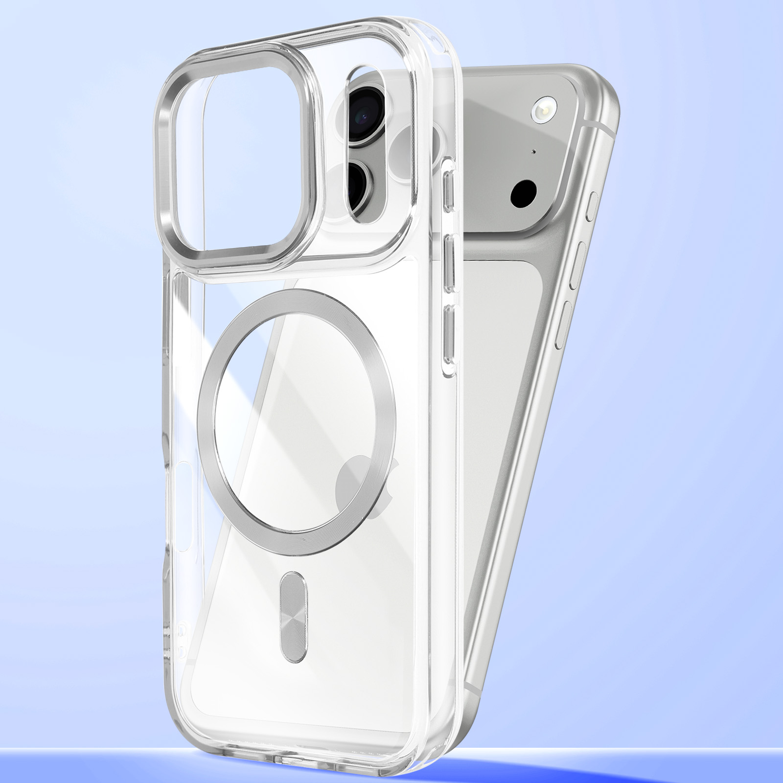 Coque transparente avec bordure argentée, montrant le bloc caméra et l'anneau magnétique.