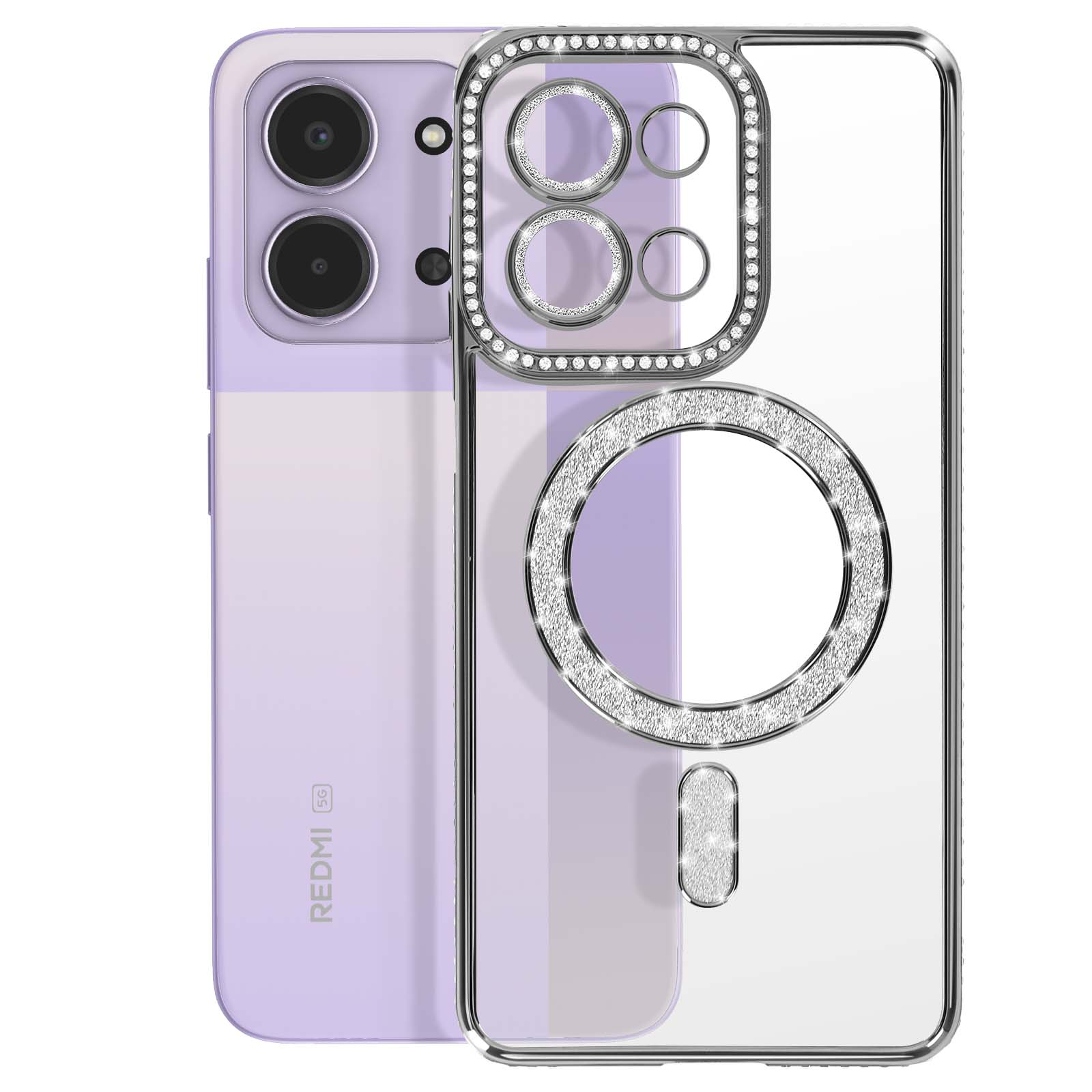 Een paarse smartphone met een doorzichtige hoes versierd met glitter en ringen.