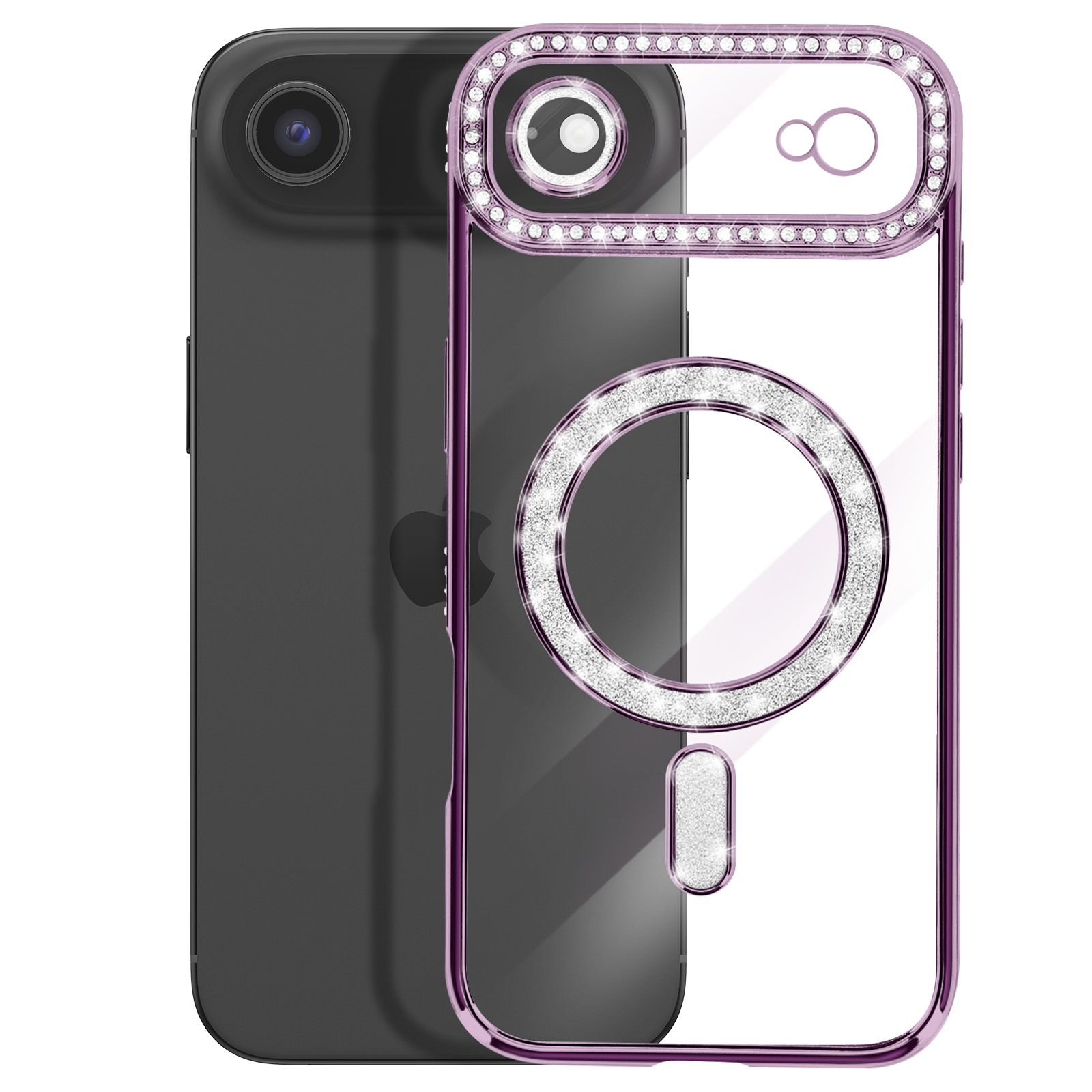 Een zwarte smartphone met een doorzichtige, paarse glitter telefoonhoes ervoor.