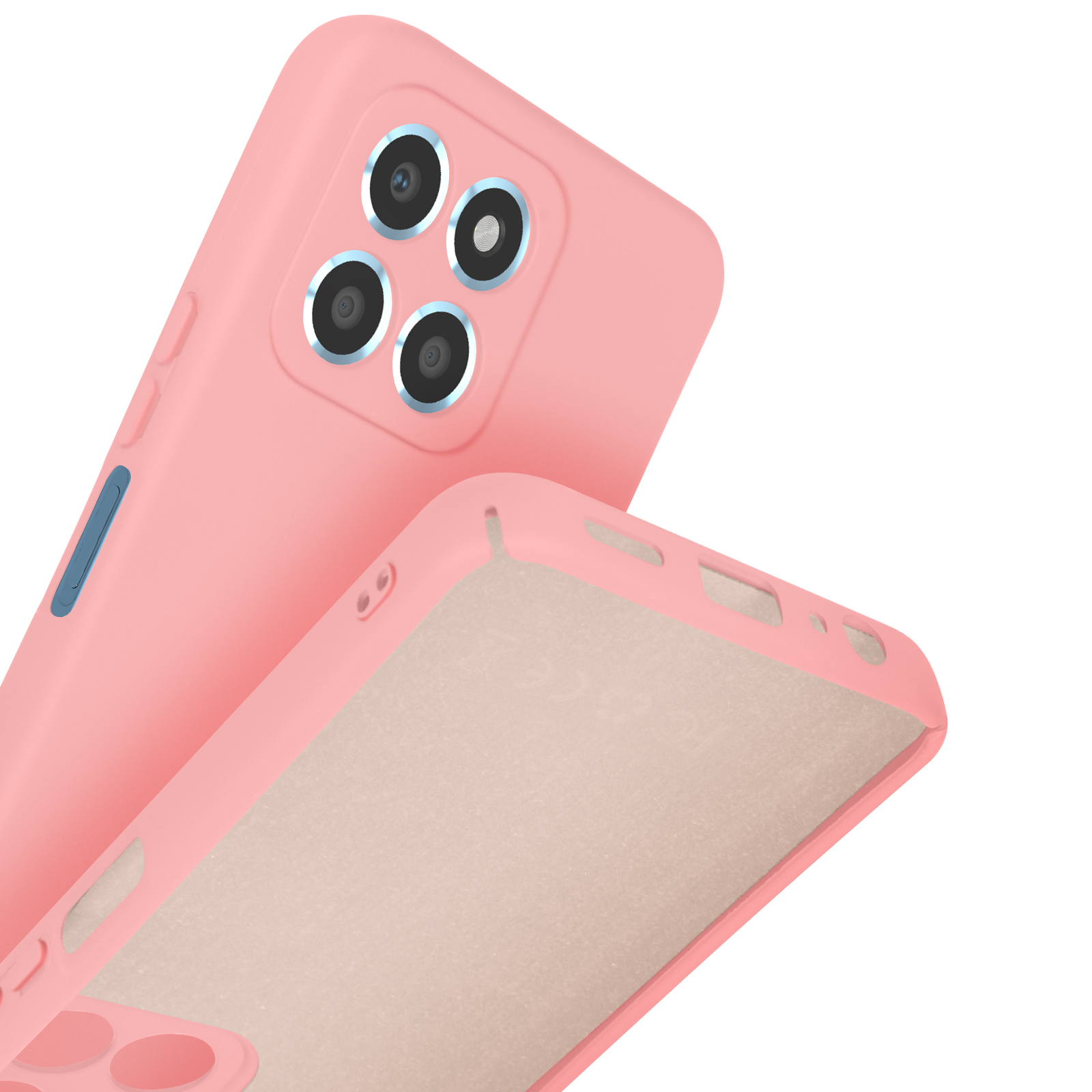 Une coque de téléphone rose avec quatre caméras et un bouton bleu. L'intérieur est beige clair.