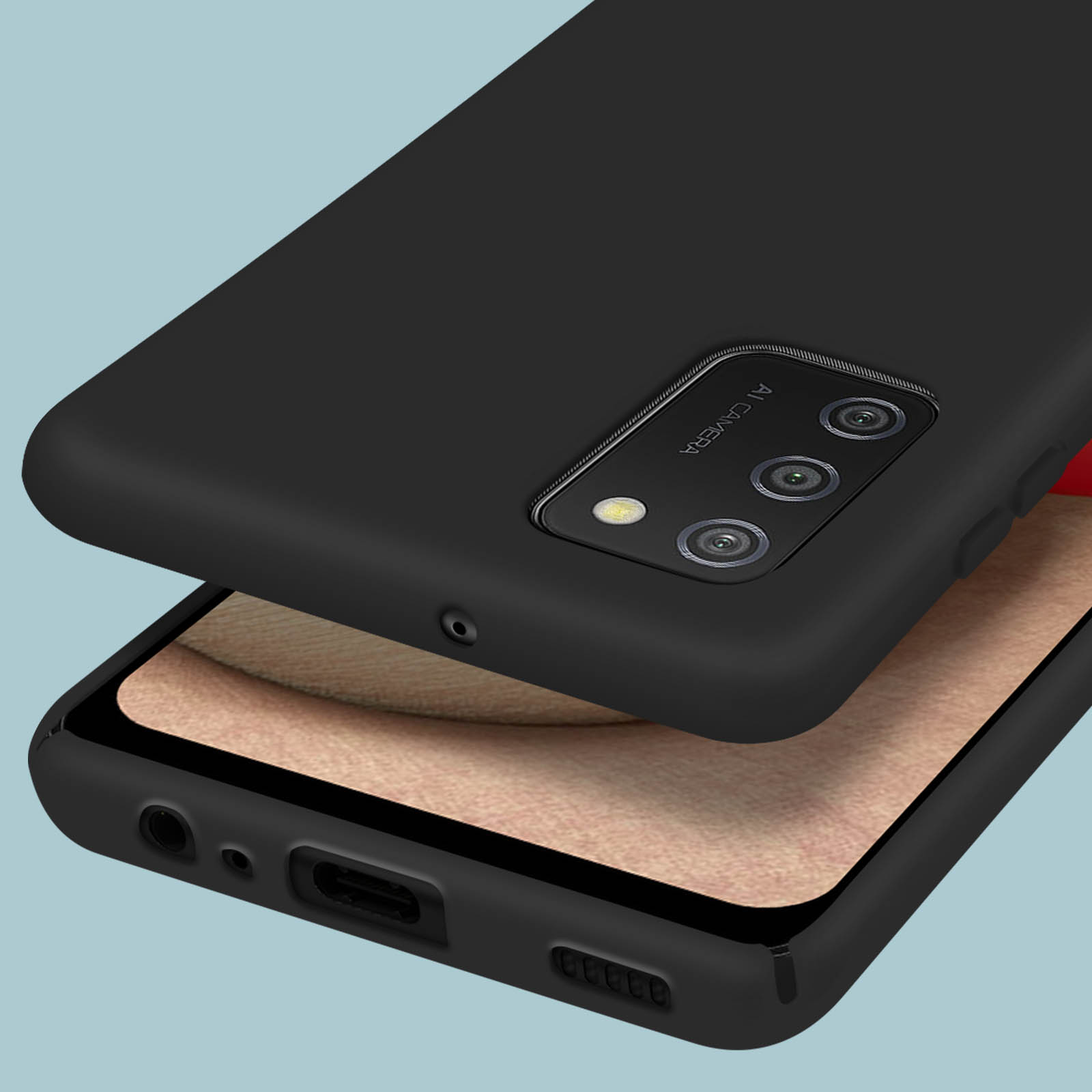 Cover nera per telefono con fotocamera e porte visibili, su sfondo blu.