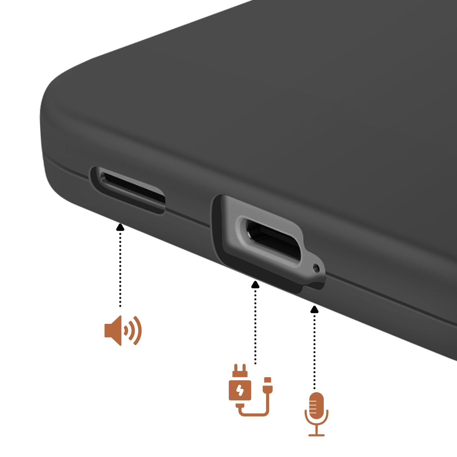 Close-up van een donkergrijze telefoonhoes met poorten voor opladen, microfoon en luidspreker.