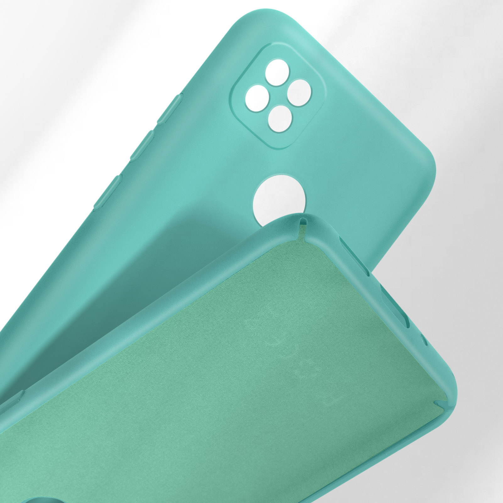 Deux coques de téléphone bleu sarcelle empilées, l'une ouverte montrant la doublure intérieure.