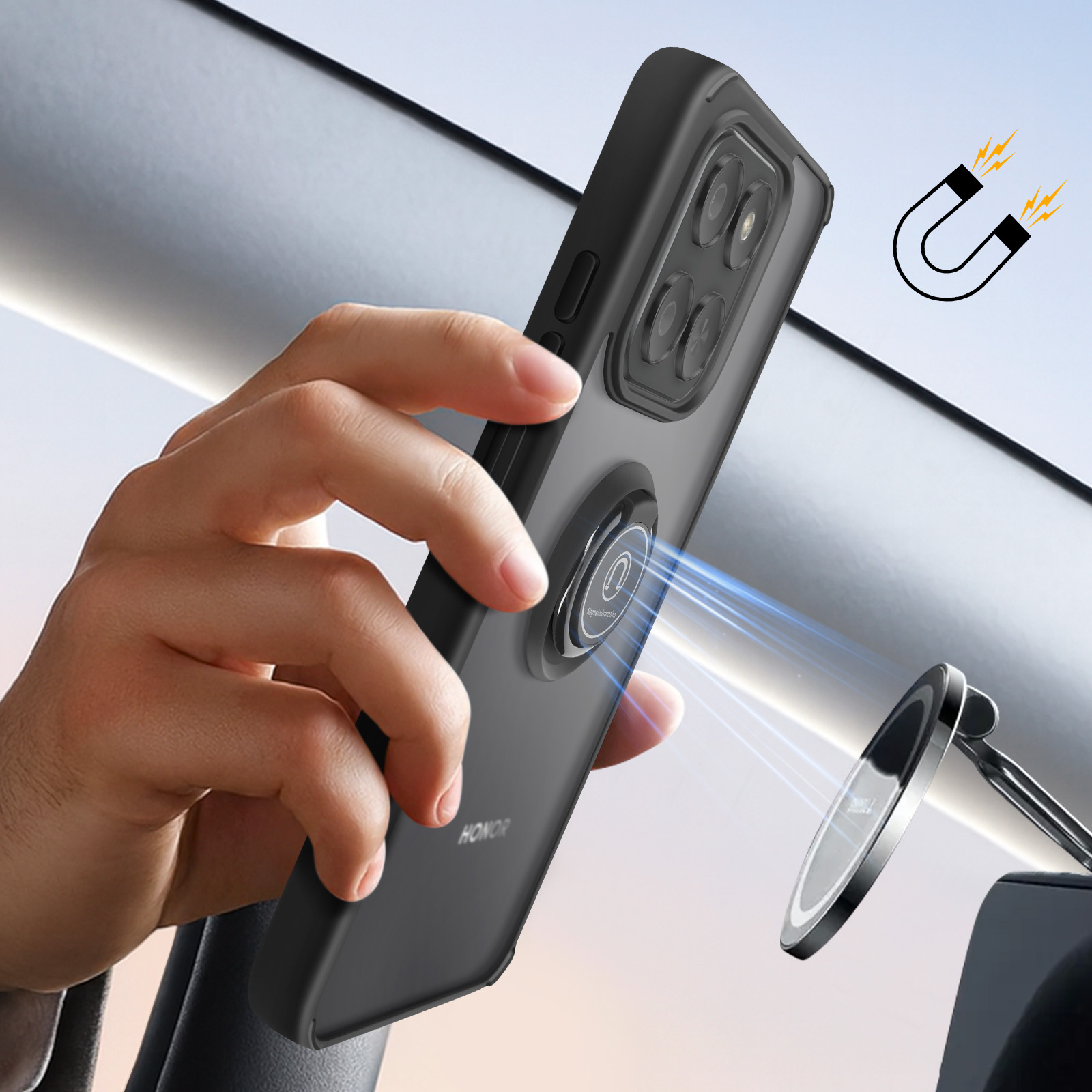 Hand houdt zwarte telefoon met magneetring aan autohouder.