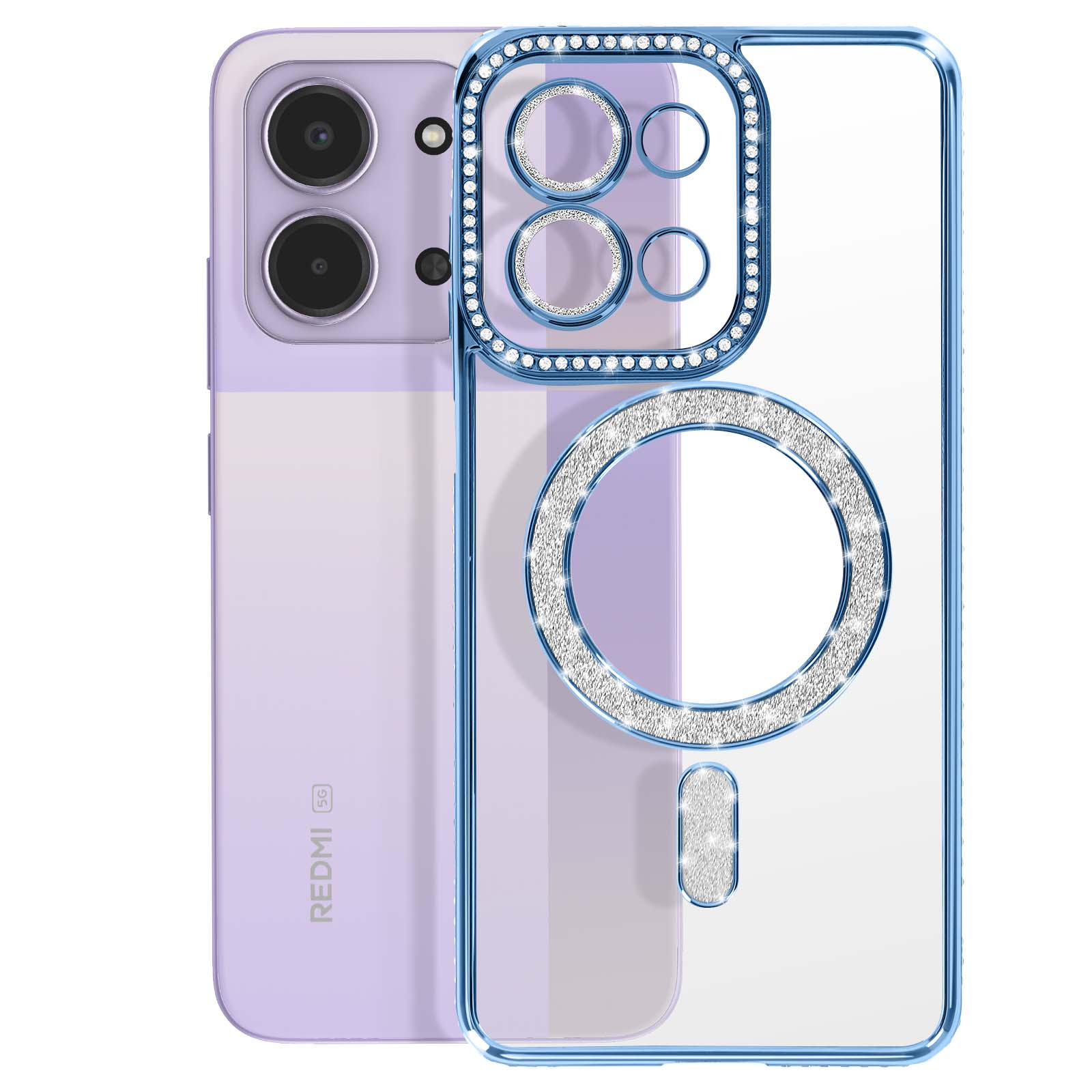 Een paarse smartphone met een doorzichtige hoes met blauwe en glinsterende accenten.