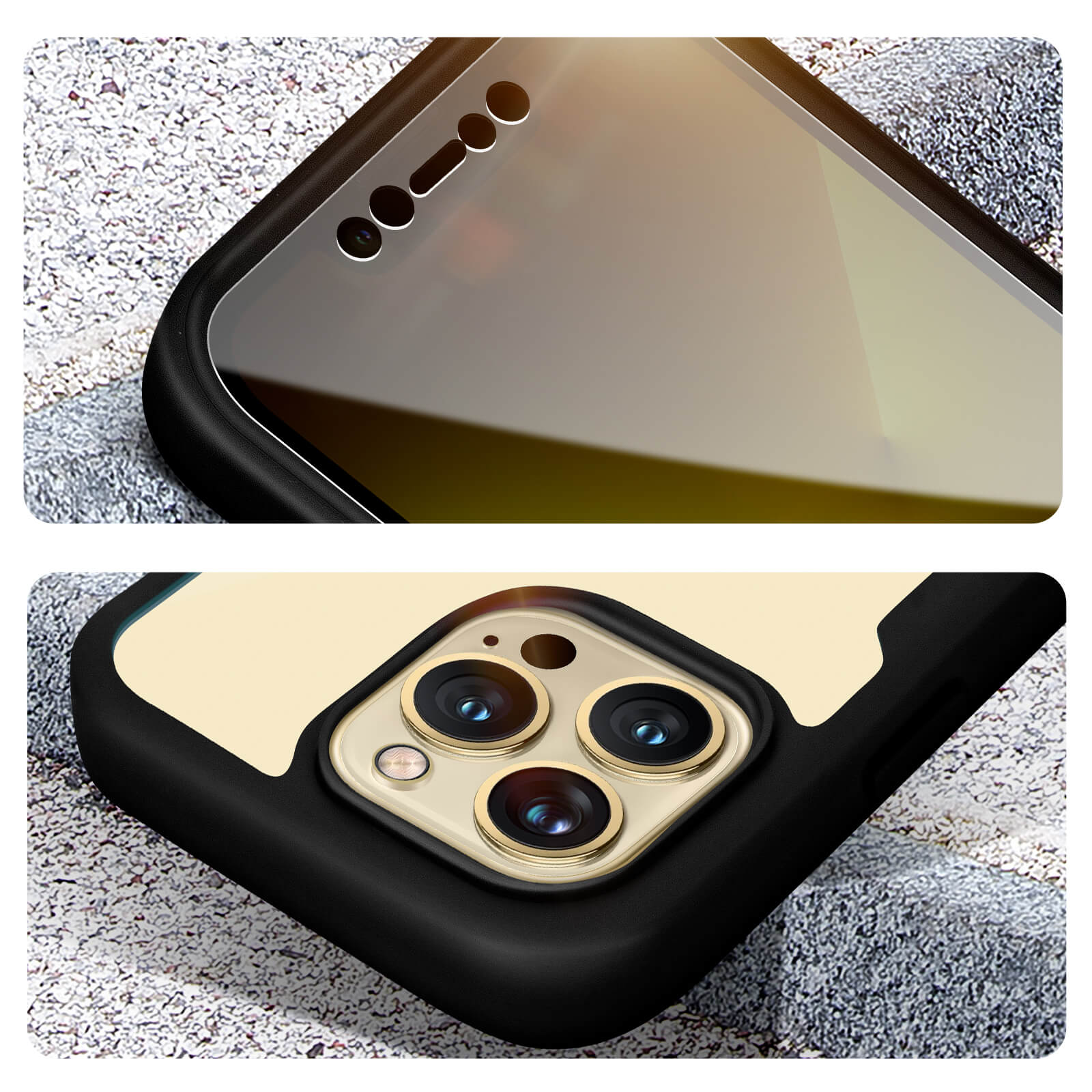 Close-up van een zwarte telefoonhoes met drie camera's op een grijze achtergrond.