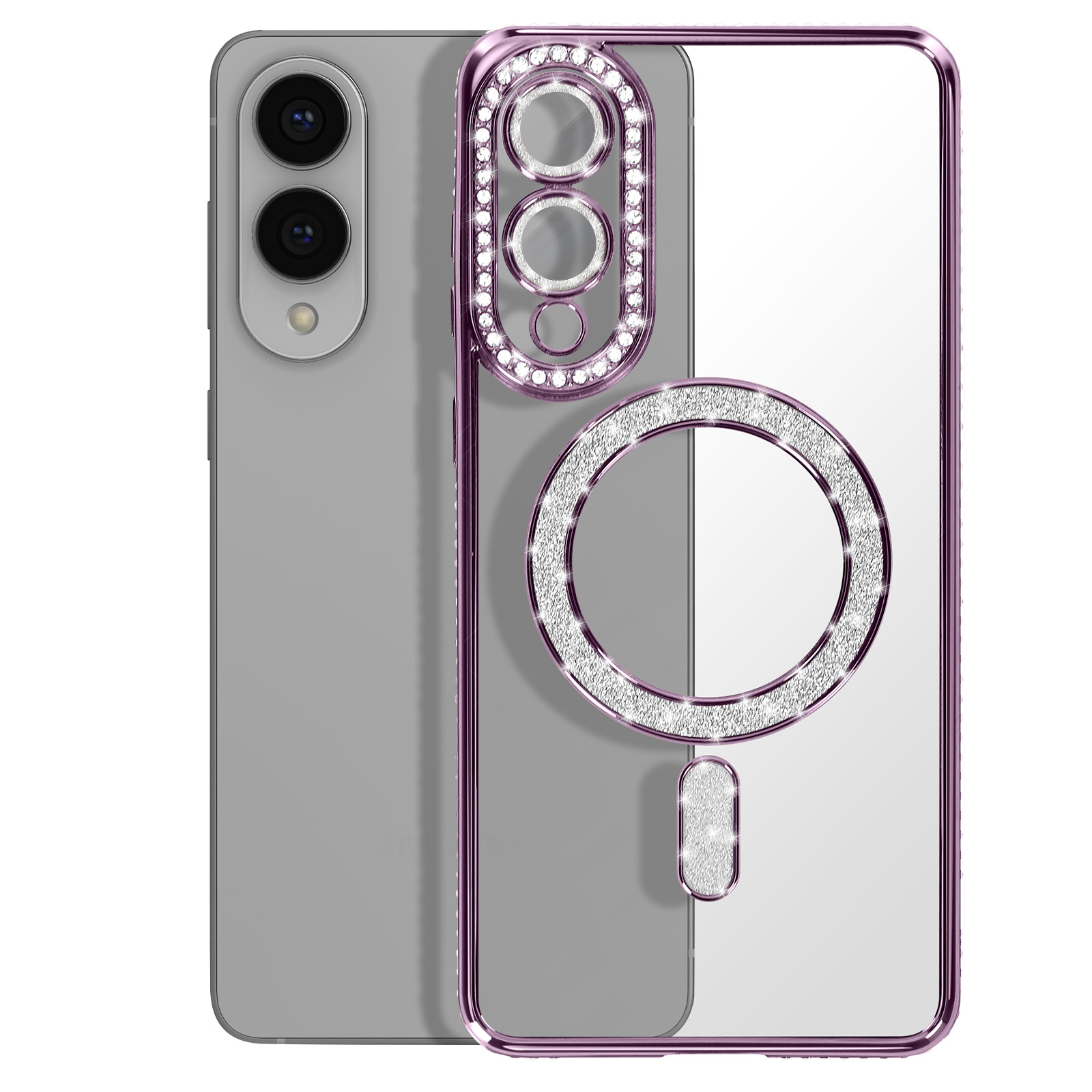 Un smartphone argenté avec un étui violet orné de strass.