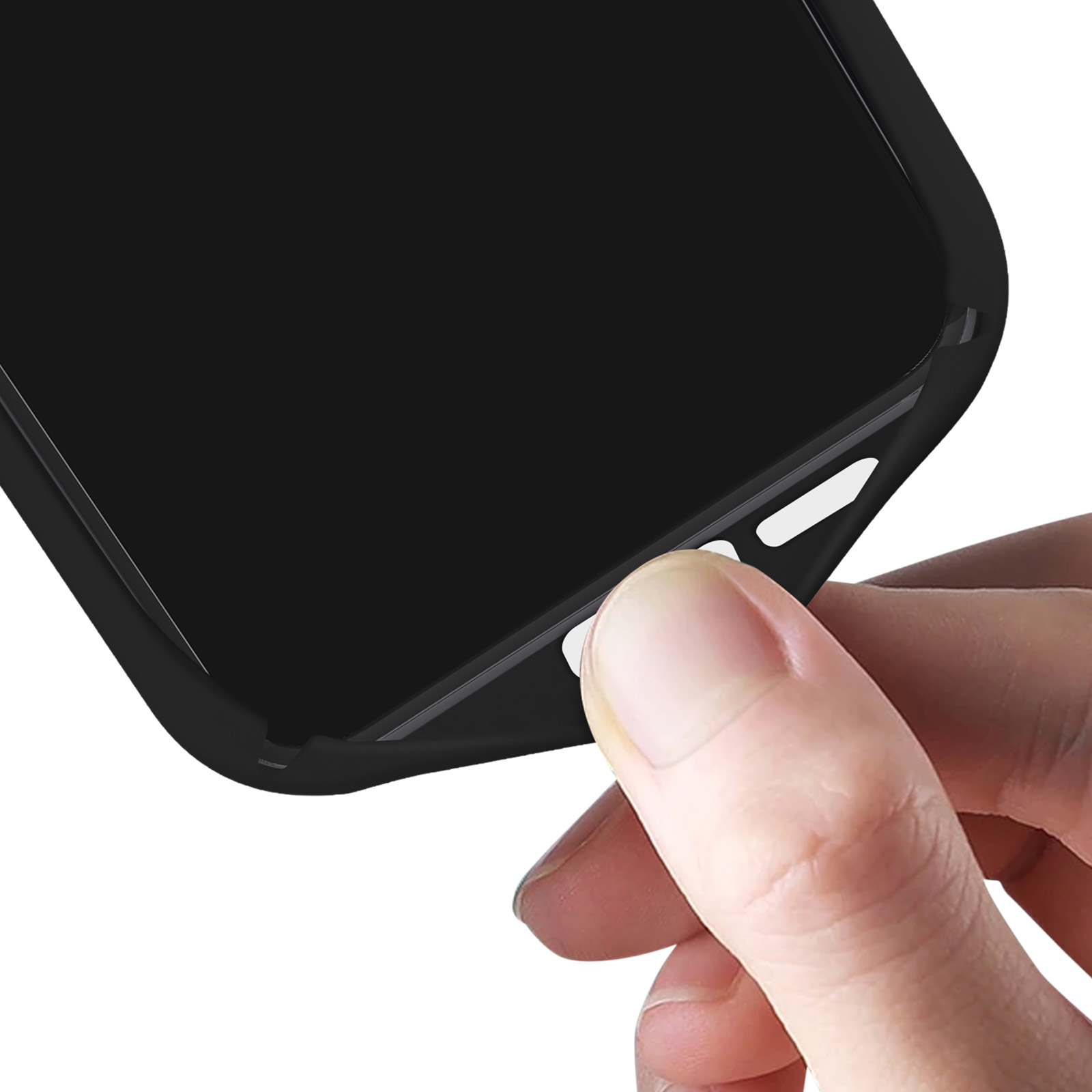 Een hand drukt op de witte knop van een zwarte telefoonhoes.