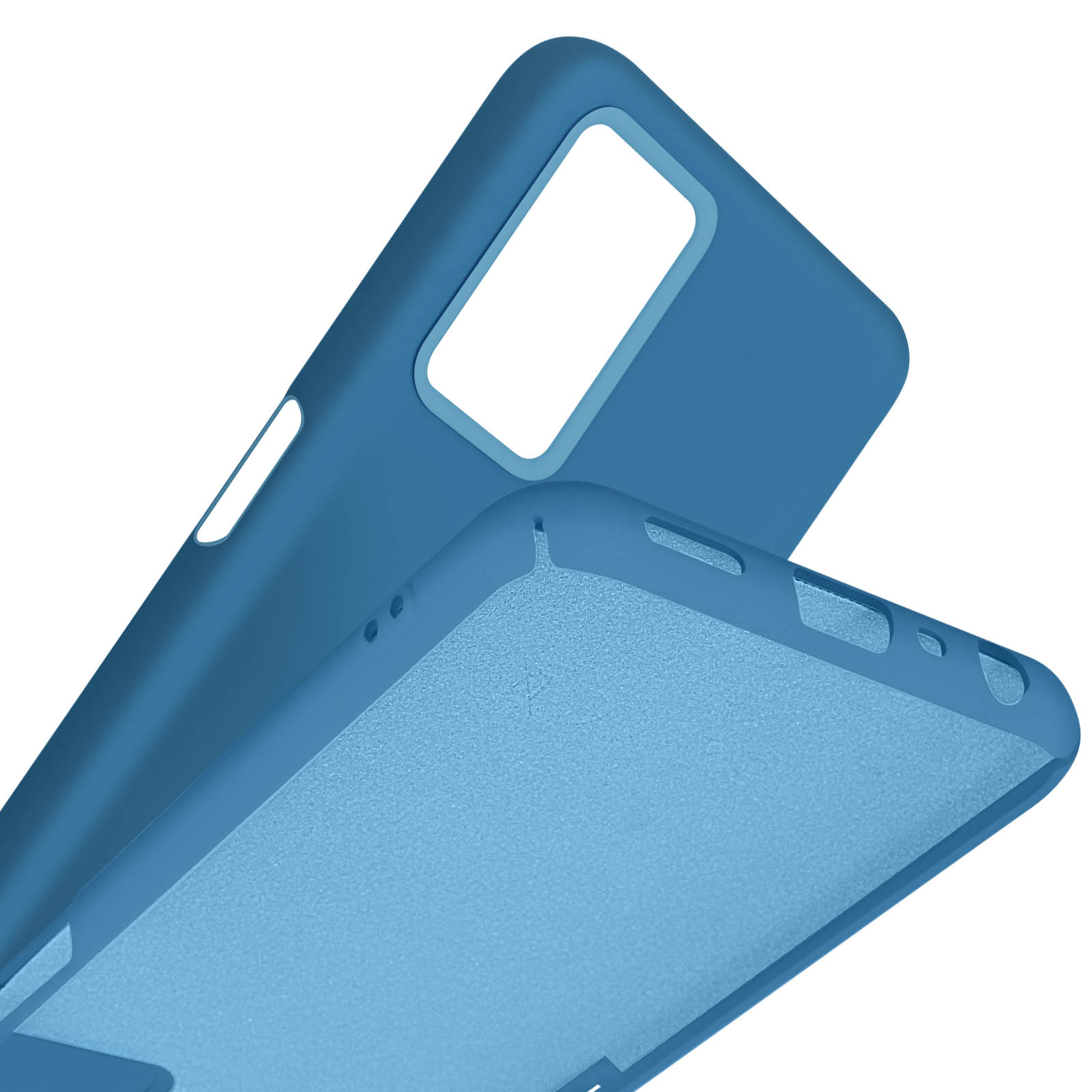 Een blauwe telefoonhoes met uitsparingen voor camera en knoppen.