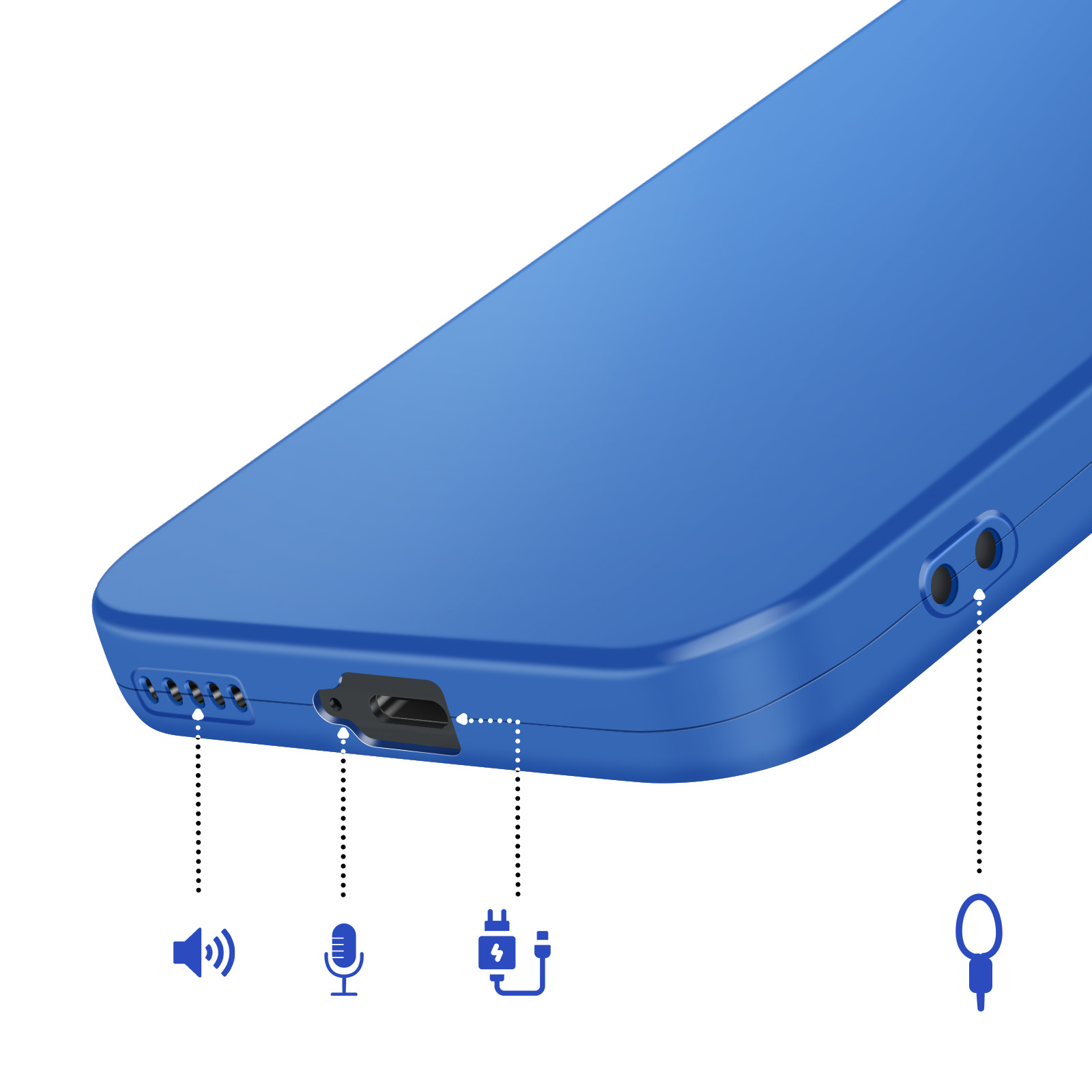 Téléphone bleu avec icônes haut-parleur, micro, port USB-C et jack.