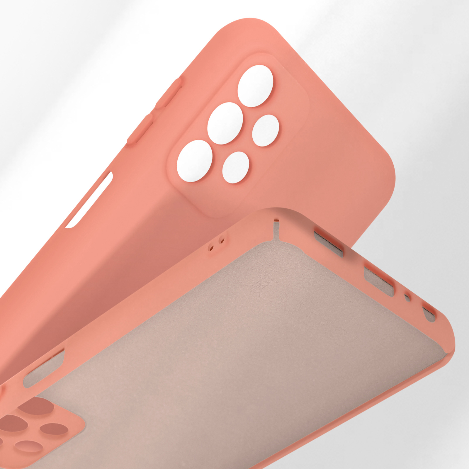 Twee koraalroze telefoonhoesjes, één toont camera-uitsparingen, de andere de binnenkant.