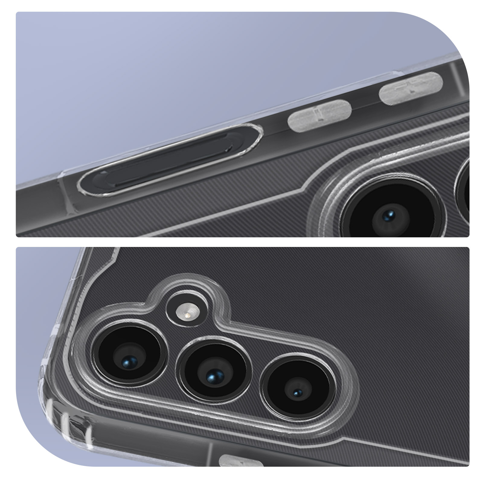 Coque transparente avec boutons argentés et triple appareil photo sur fond carbone.