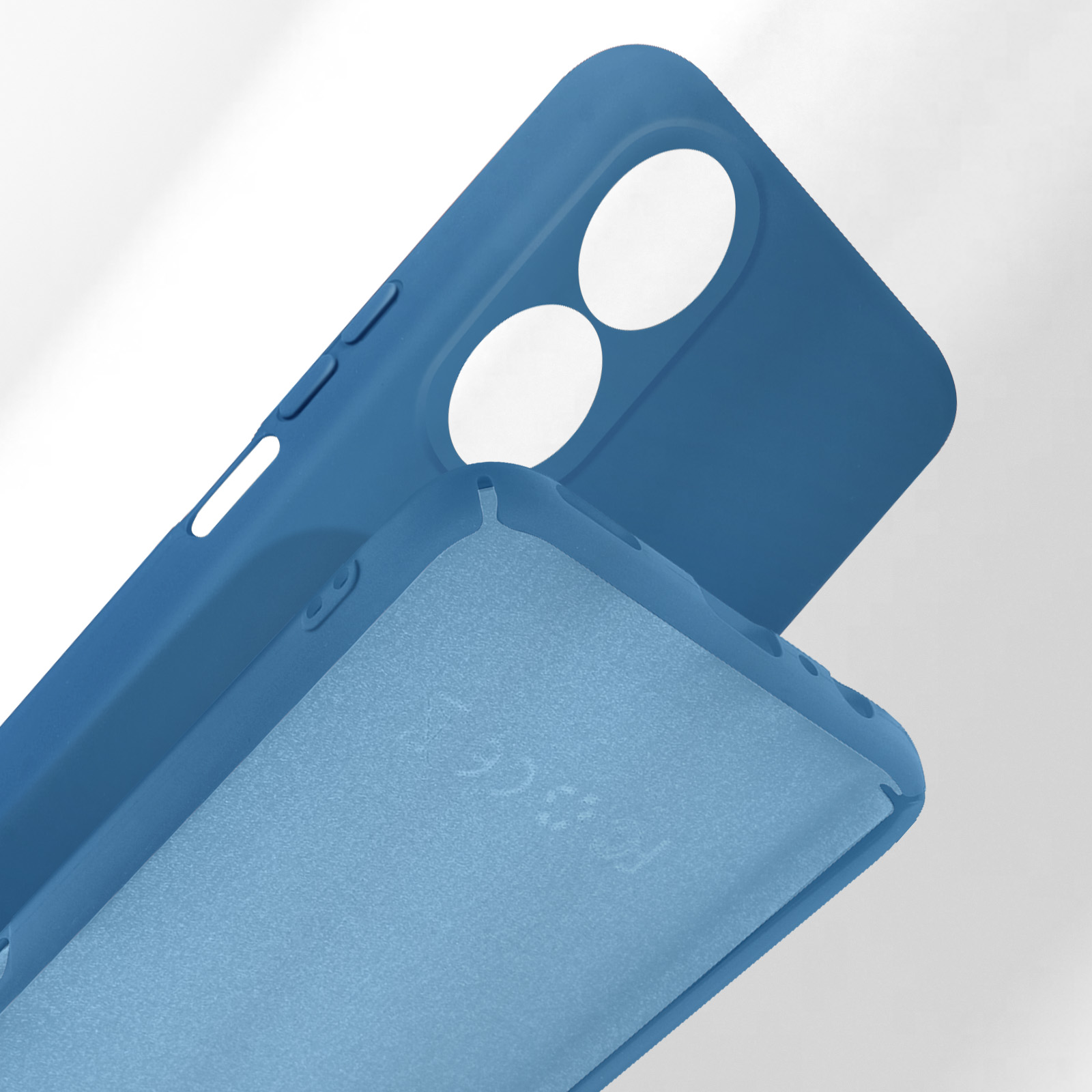 Una cover blu per telefono con ritagli per fotocamera e pulsanti, su sfondo bianco.