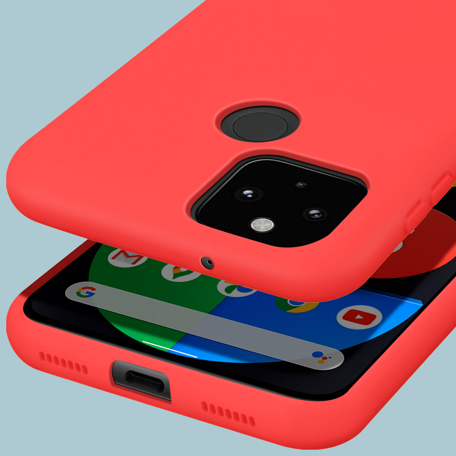 Coque de téléphone rouge sur un smartphone affichant la barre de recherche Google.