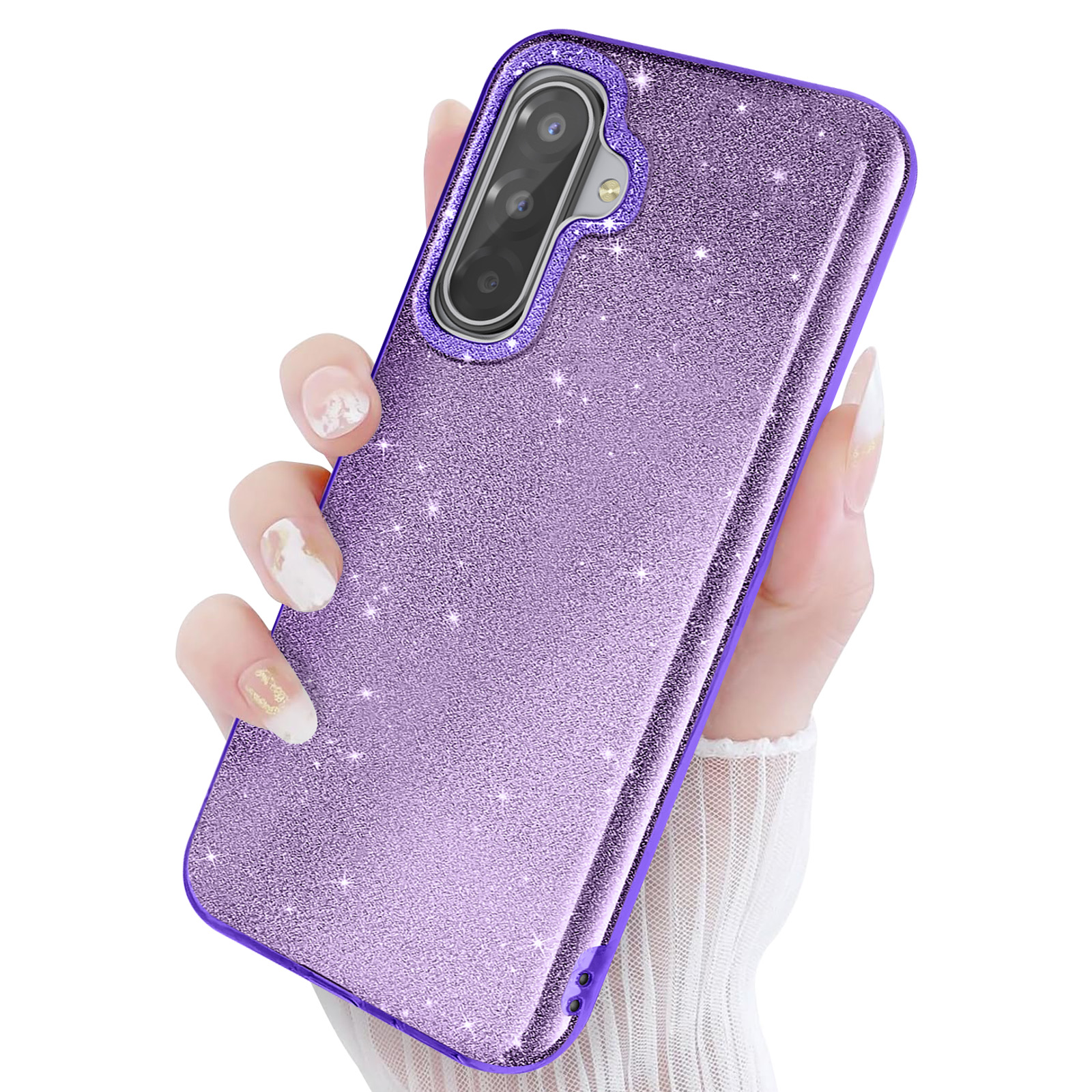 Coque de téléphone violette pailletée avec protection caméra.