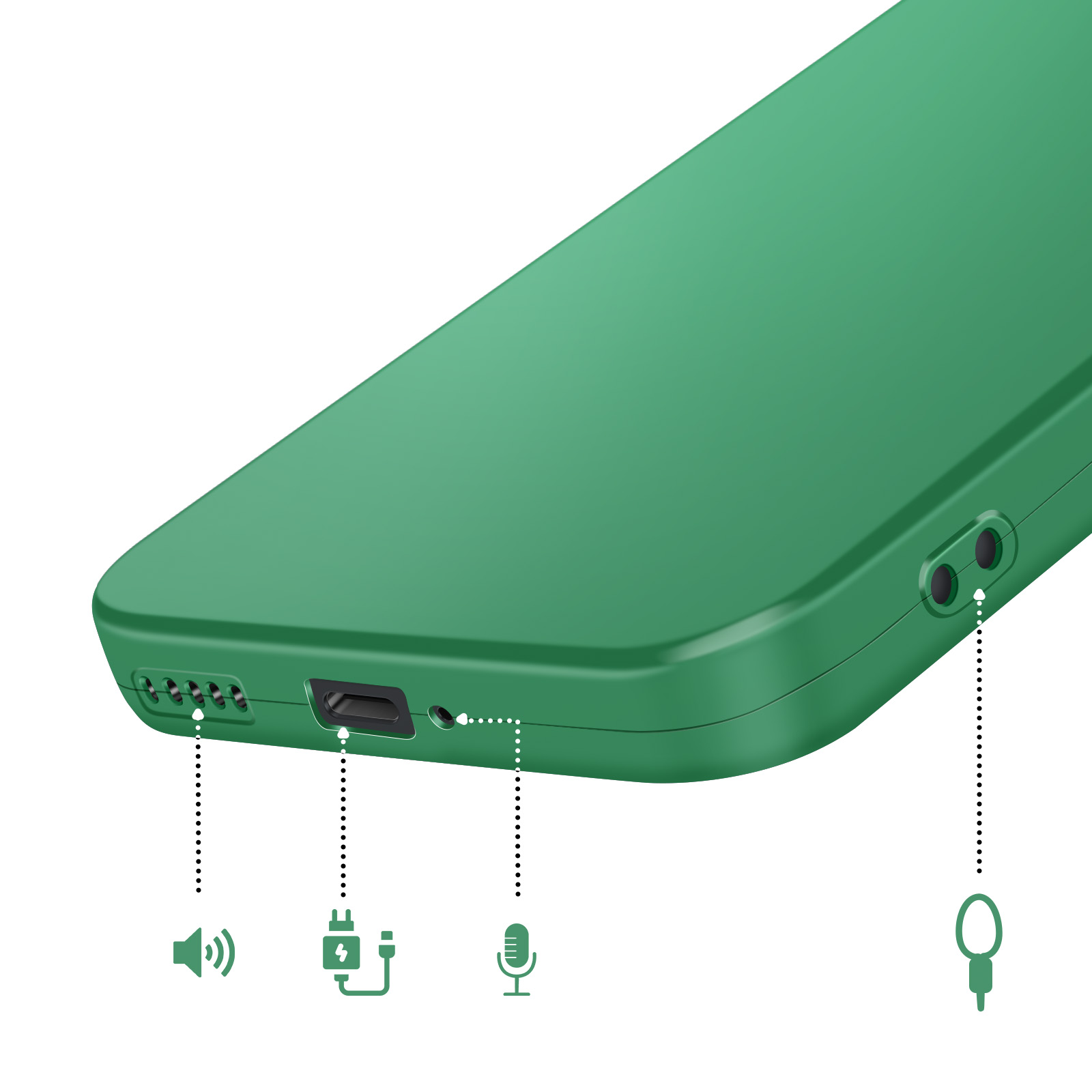 Appareil vert montrant les ports haut-parleur, charge, microphone et casque.