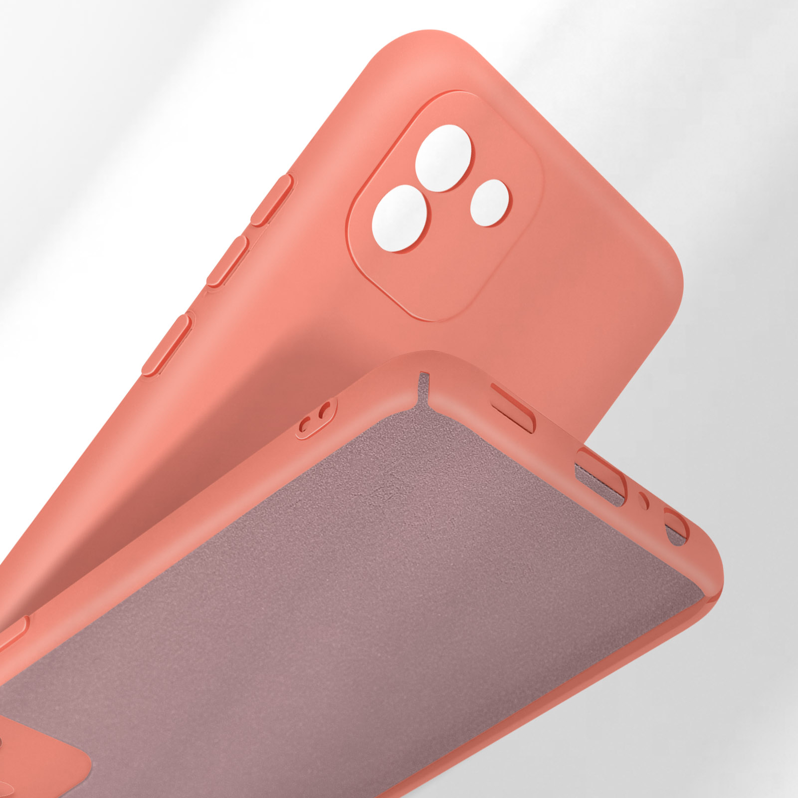 Twee koraalkleurige telefoonhoesjes, het ene op het andere.