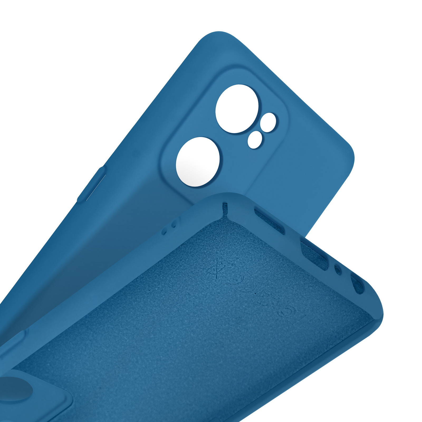 Custodia blu per telefono con ritagli per fotocamera e pulsanti. La fodera interna è testurizzata.