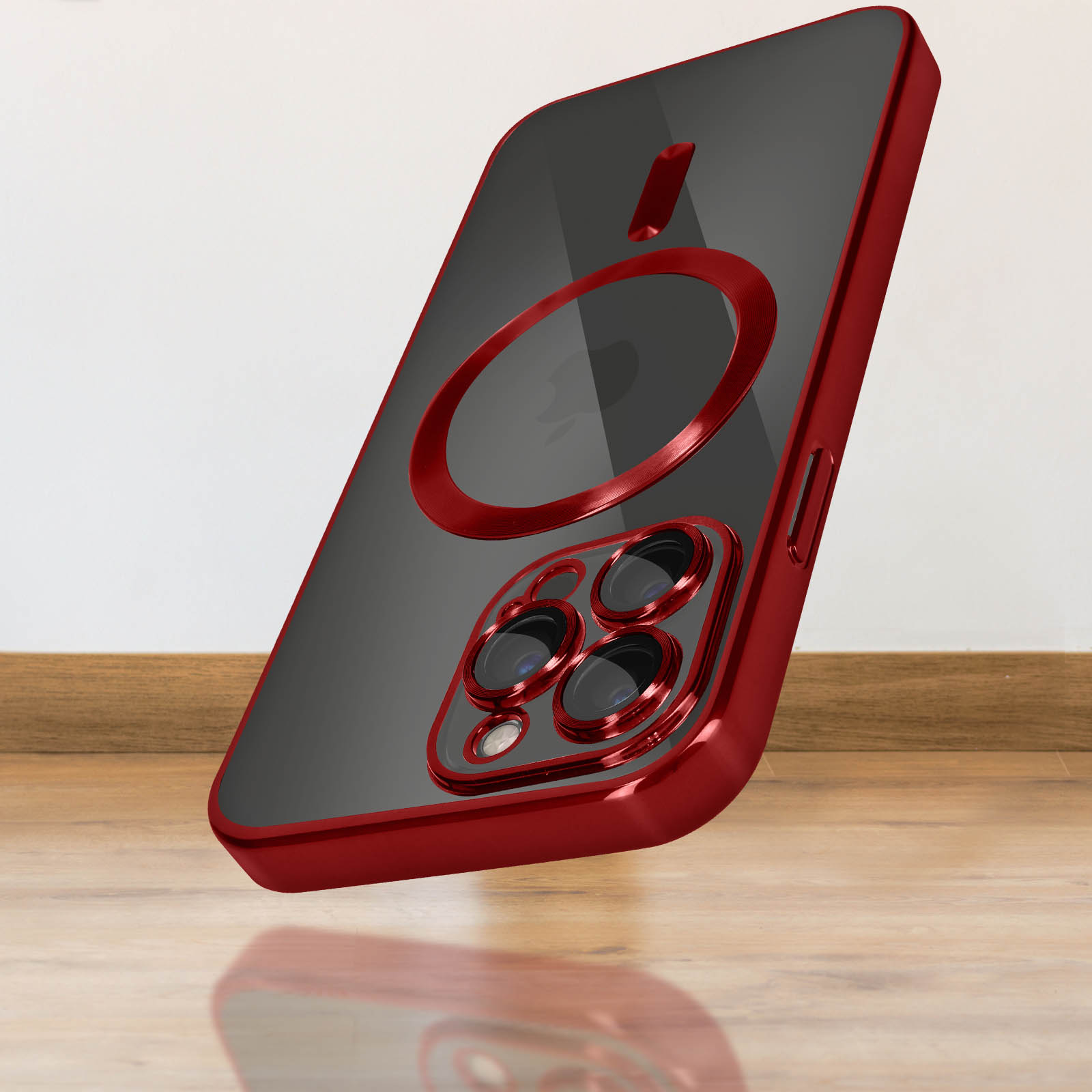 Coque de téléphone rouge avec protection caméra sur plancher bois.
