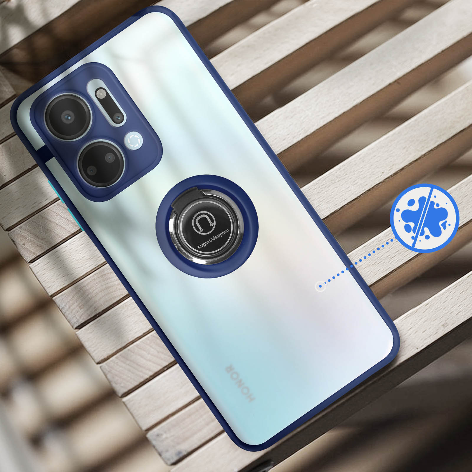 Telefoon met blauwe rand en ringhouder op hout. Waterplons-icoon.