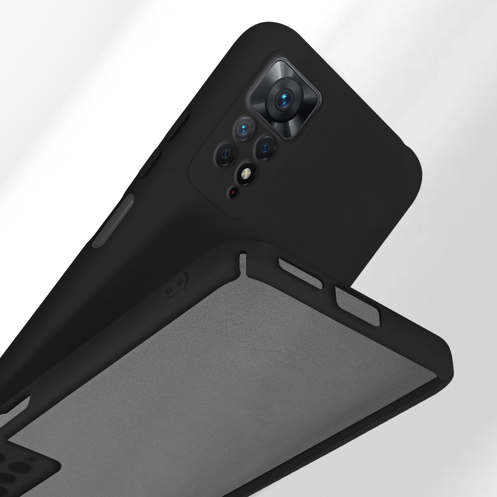 Coque de téléphone noire avec quadruple caméra et doublure intérieure grise.