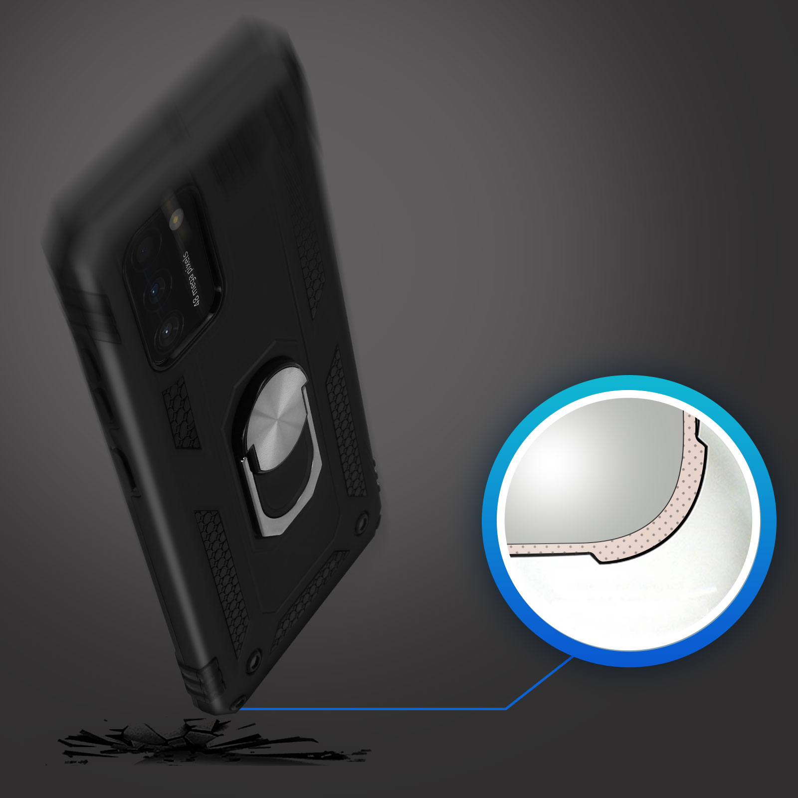 Custodia nera per telefono con anello cade su pezzi frantumati.