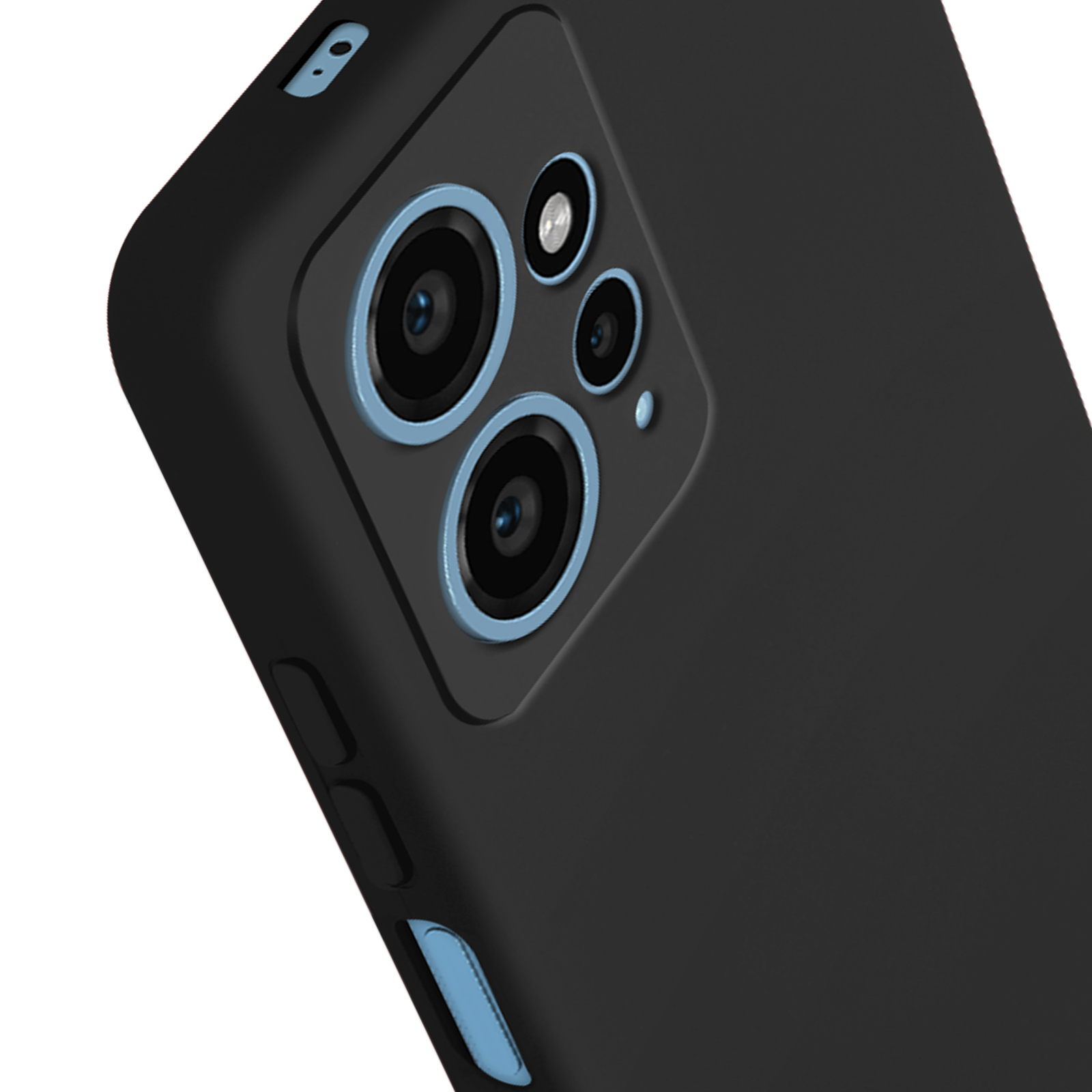 Custodia nera per telefono con cornice fotocamera blu, primo piano.