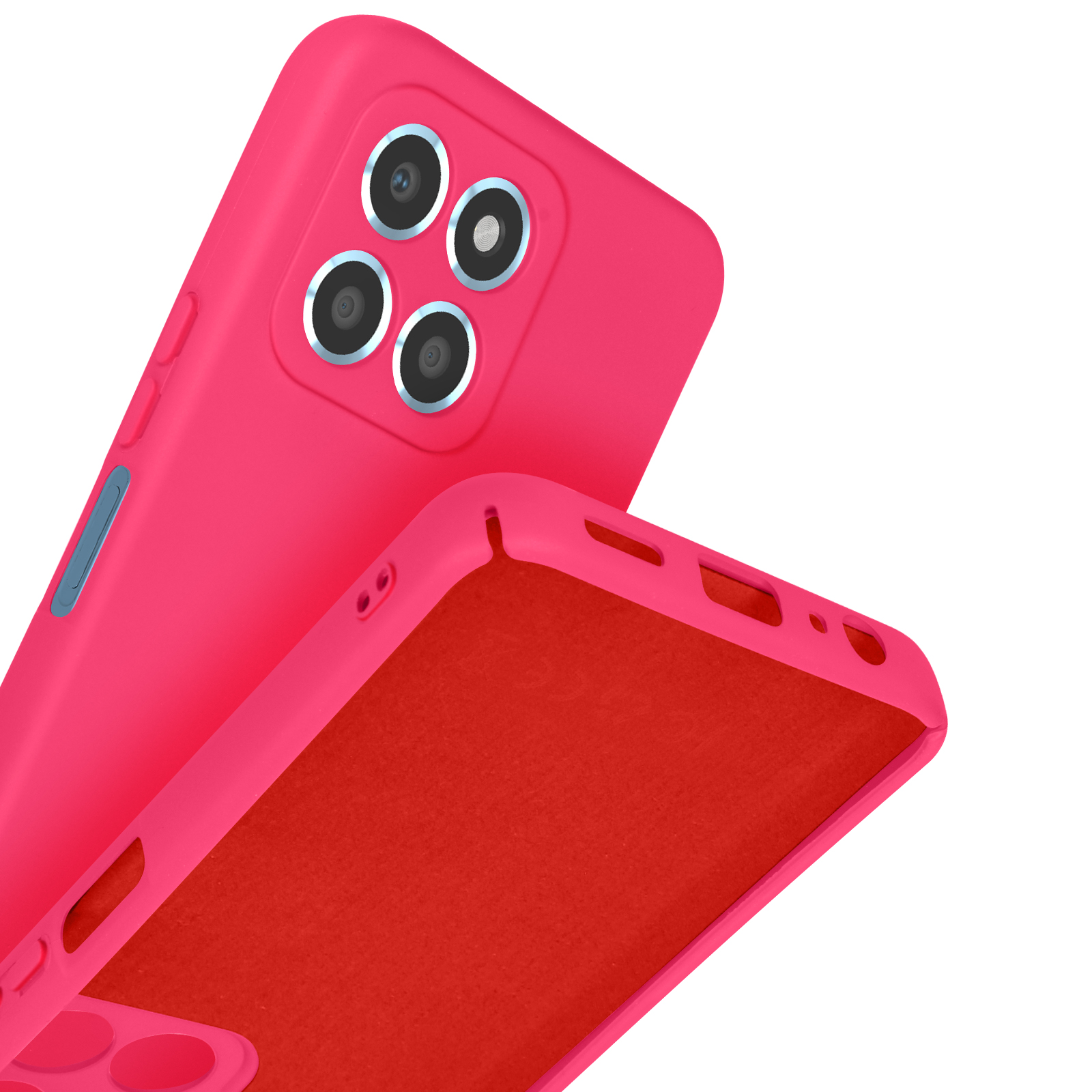 Twee roze telefoonhoesjes met rode voering op witte achtergrond.