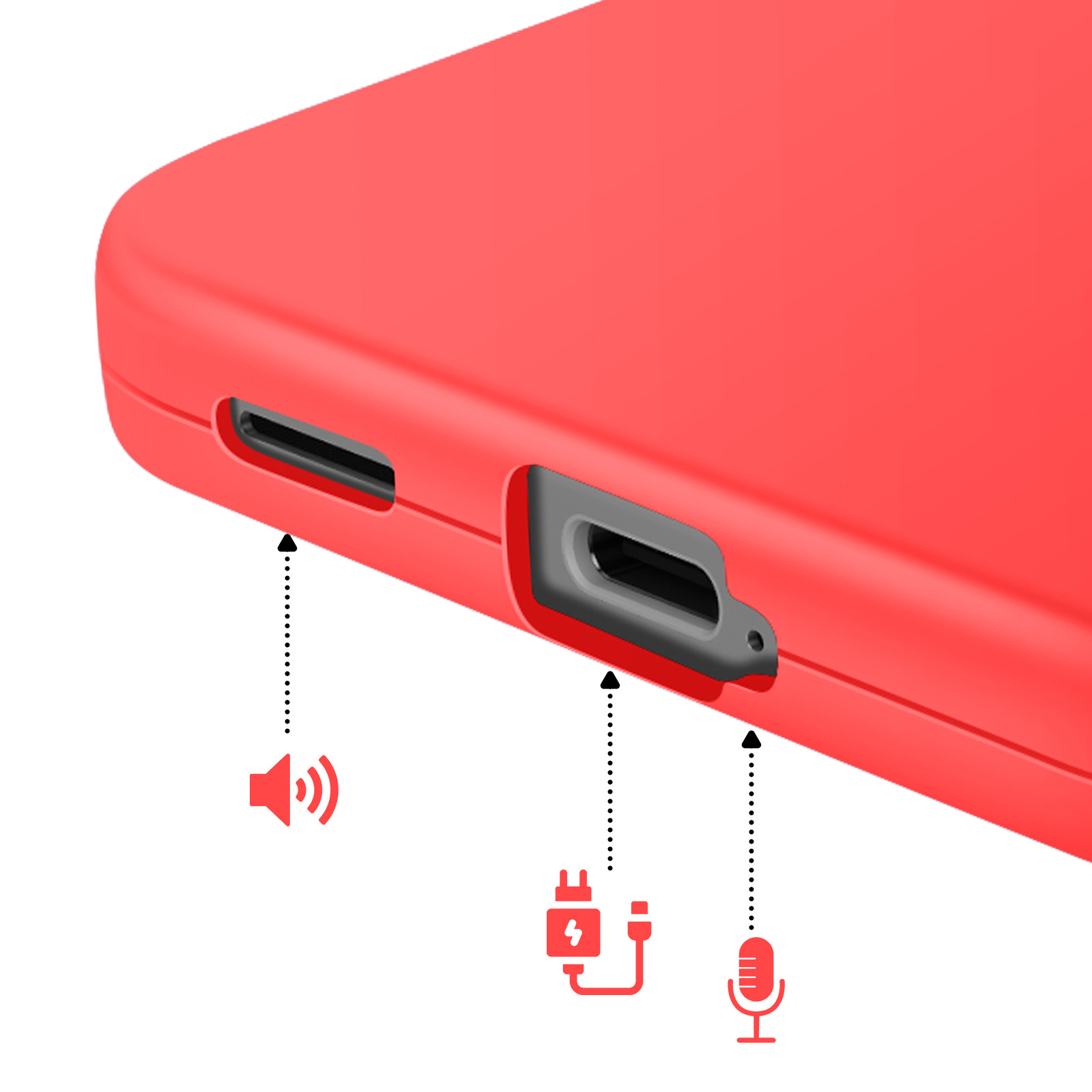 Rode telefoonhoes met poorten: luidspreker, opladen, microfoon.