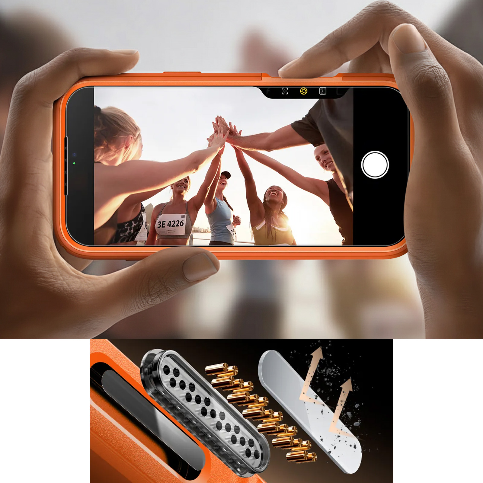 Handen houden een oranje smartphone vast met een team van rensters die elkaars handen slaan na een race.
