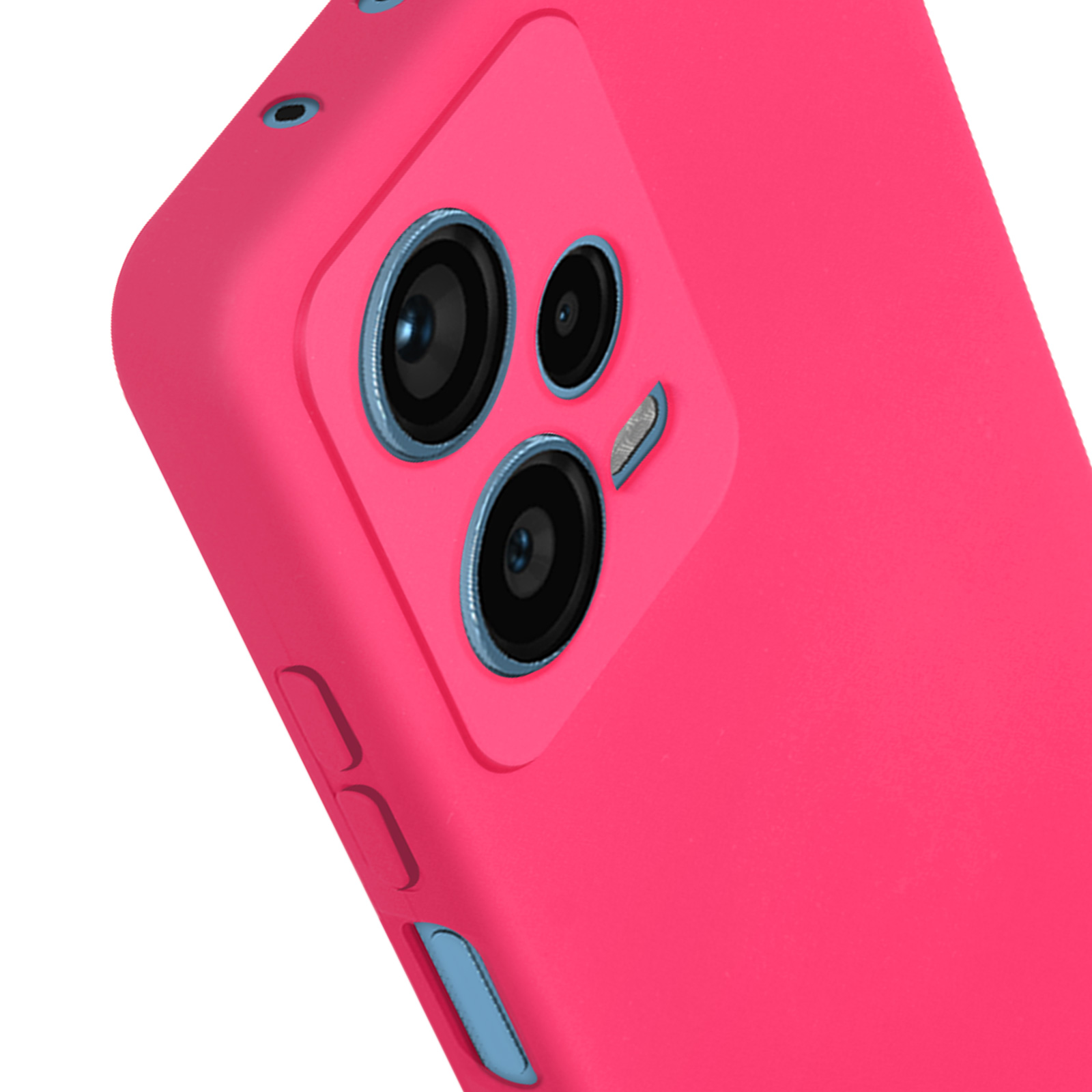 Primo piano di una cover rosa per telefono con lenti della fotocamera e accenti blu.