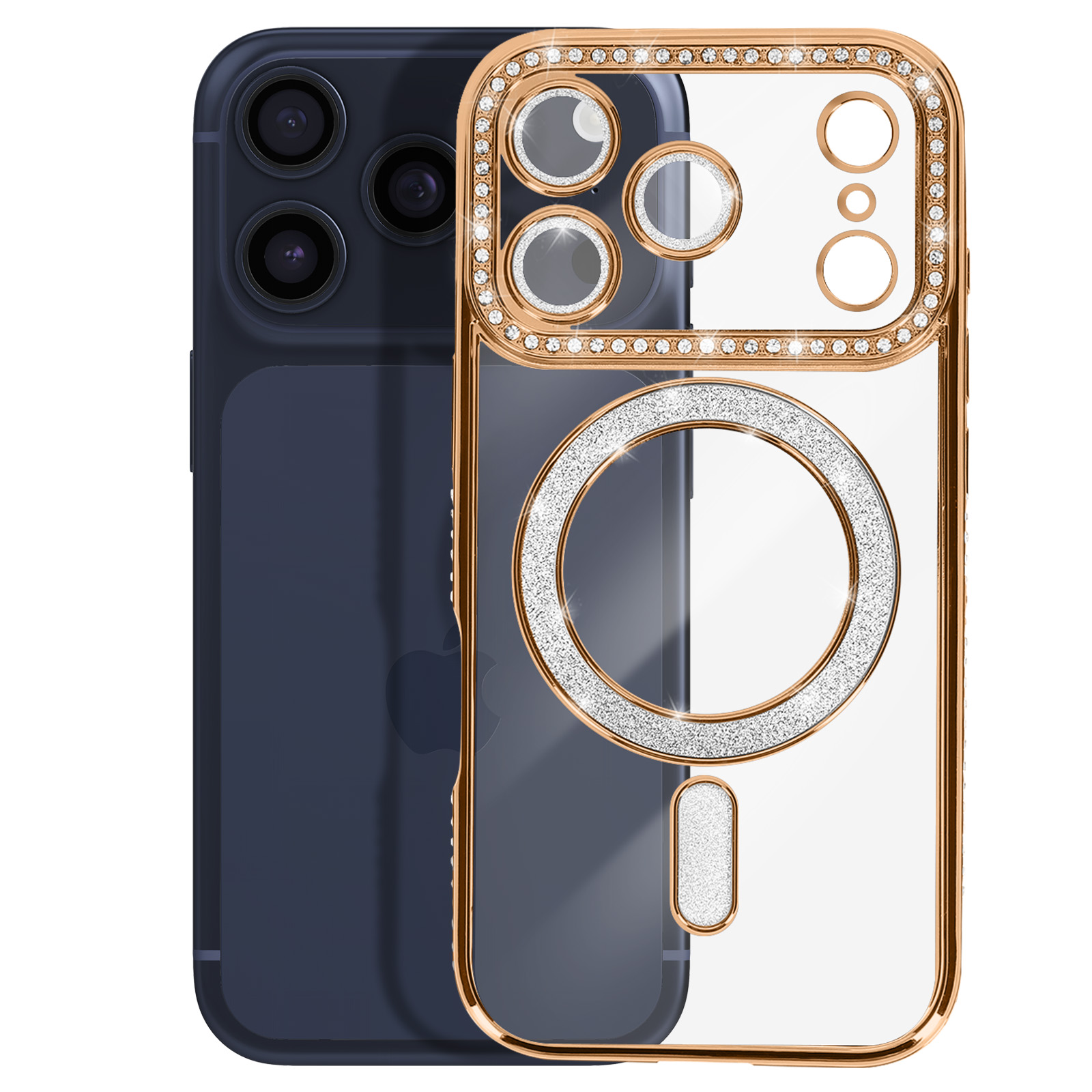 Un smartphone sombre avec un étui transparent à bordure dorée orné de strass.