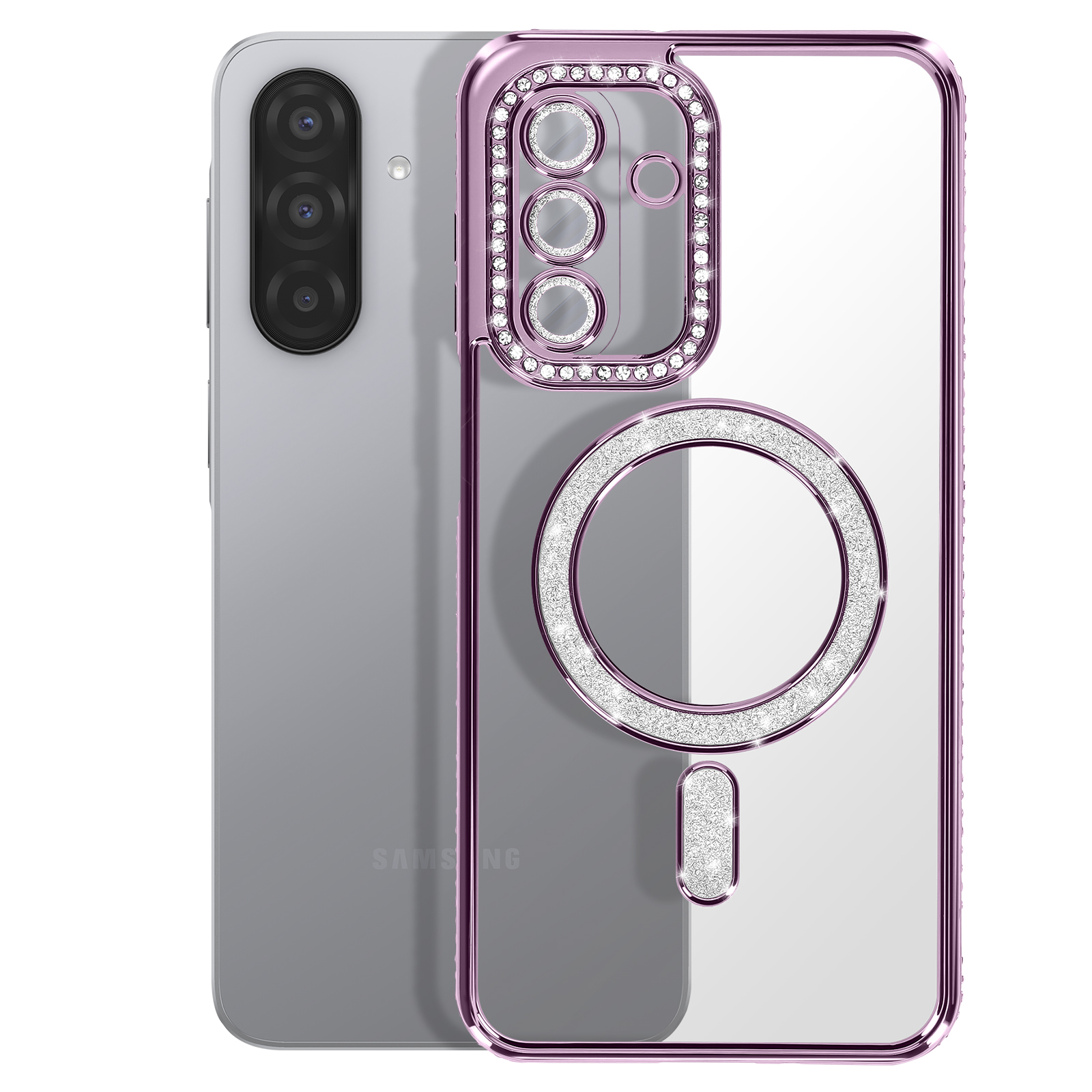 Un smartphone argenté avec trois caméras à côté d'une coque transparente bordée de violet et de paillettes.