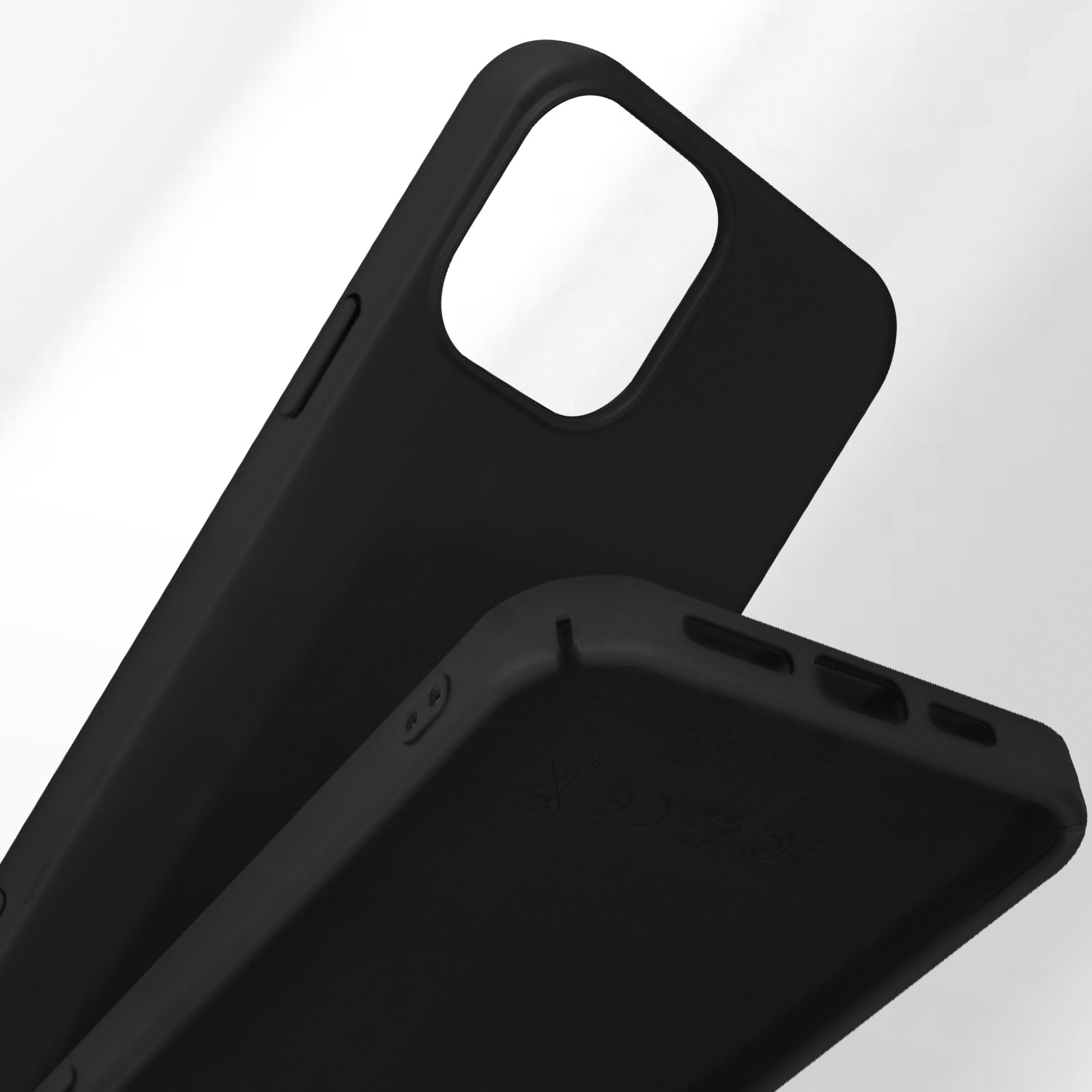 Twee zwarte telefoonhoesjes gedetailleerd getoond vanuit verschillende hoeken.