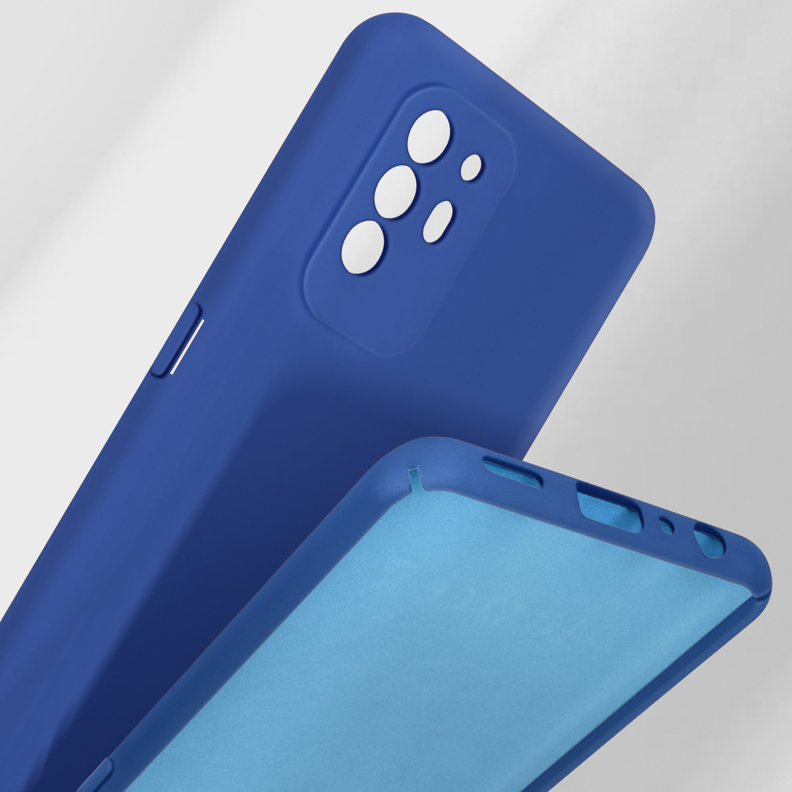Deux coques de téléphone bleues, une devant, une derrière avec découpe caméra.