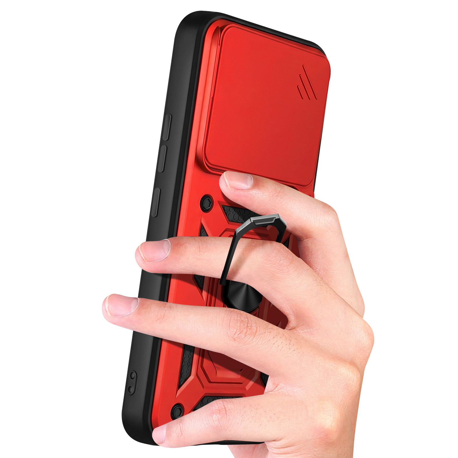 Rode telefoonhoes met zwart frame en geïntegreerde ringhouder.