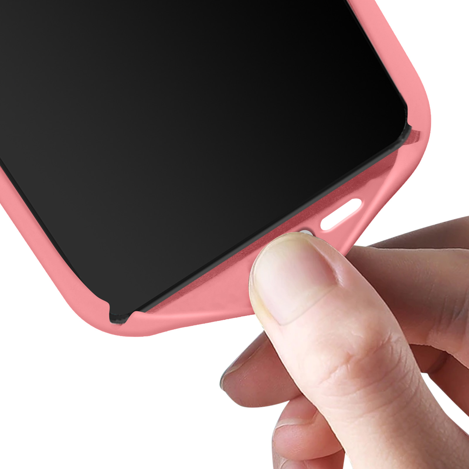 Une main tient une coque de téléphone rose avec un écran noir.