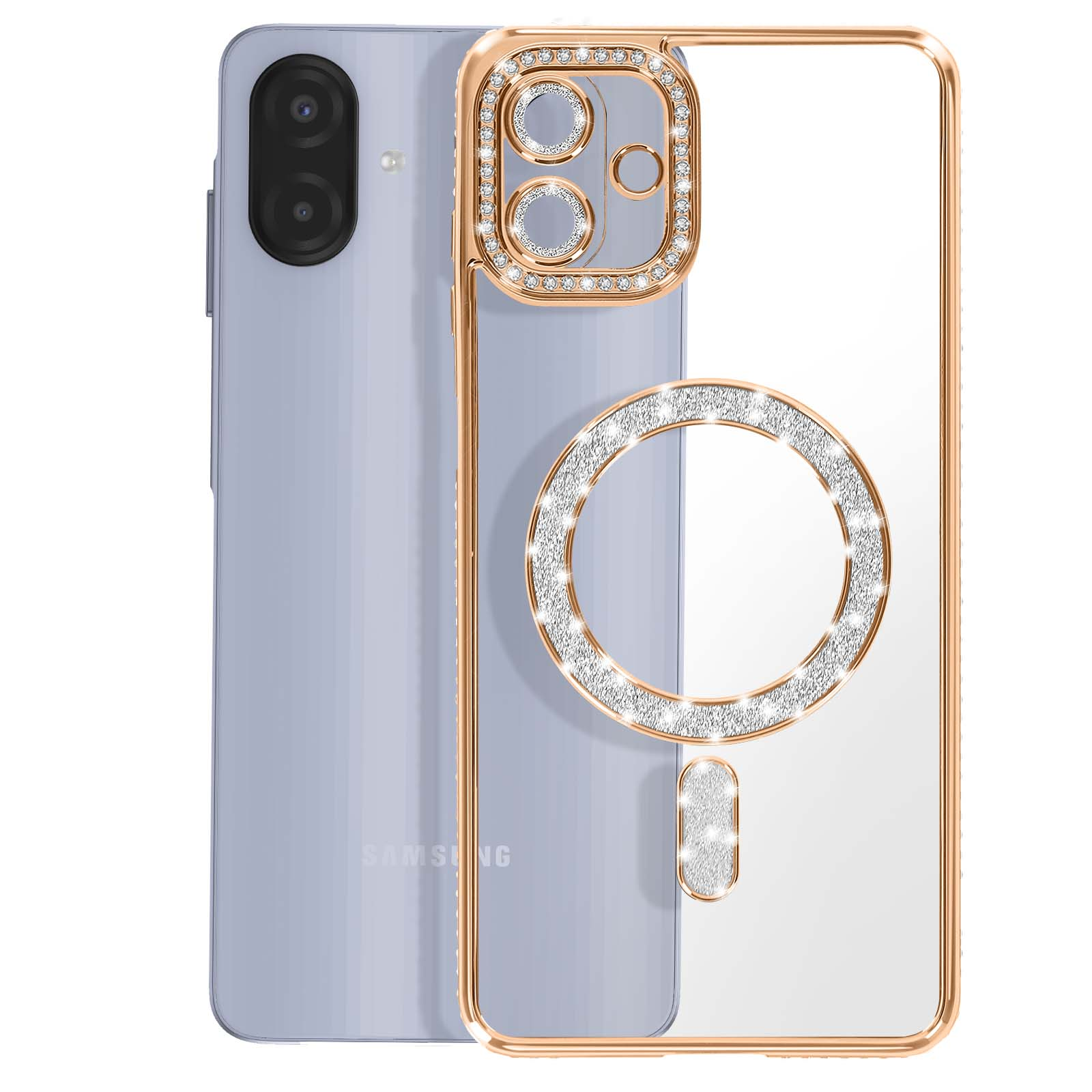 Uno smartphone viola con cover trasparente, finiture dorate e cristalli.