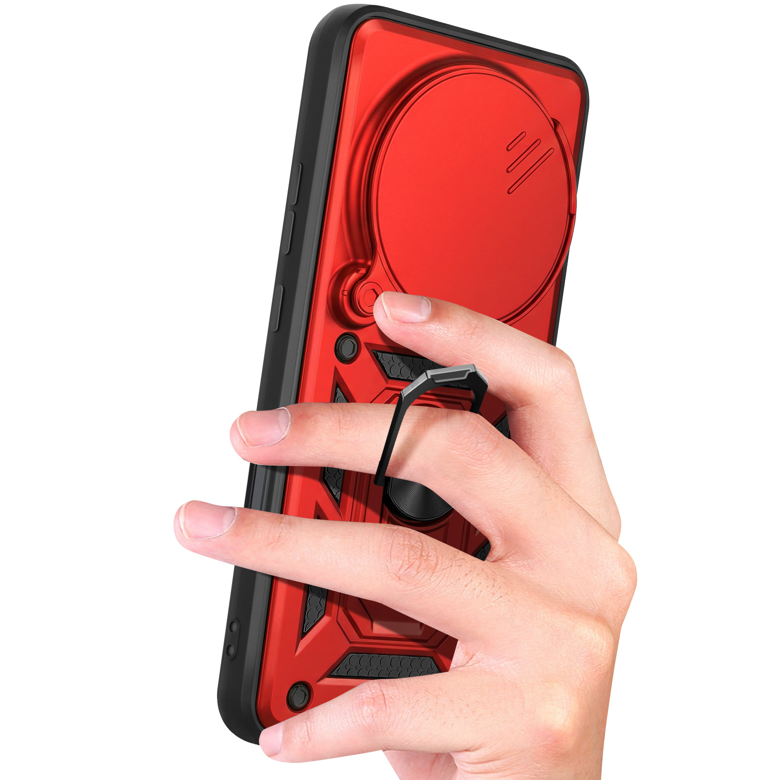 Eine Hand hält ein rotes Handy mit schwarzem Ringhalter.