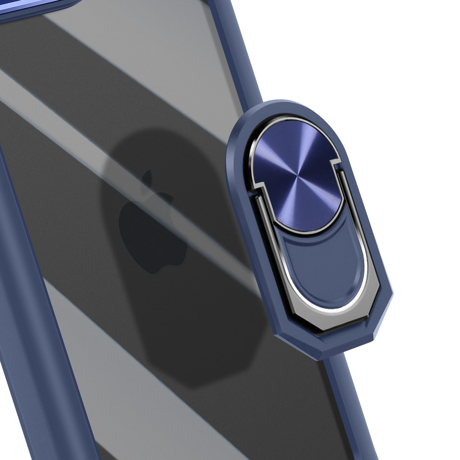 Custodia blu scuro per telefono con anello porta anello e logo Apple.