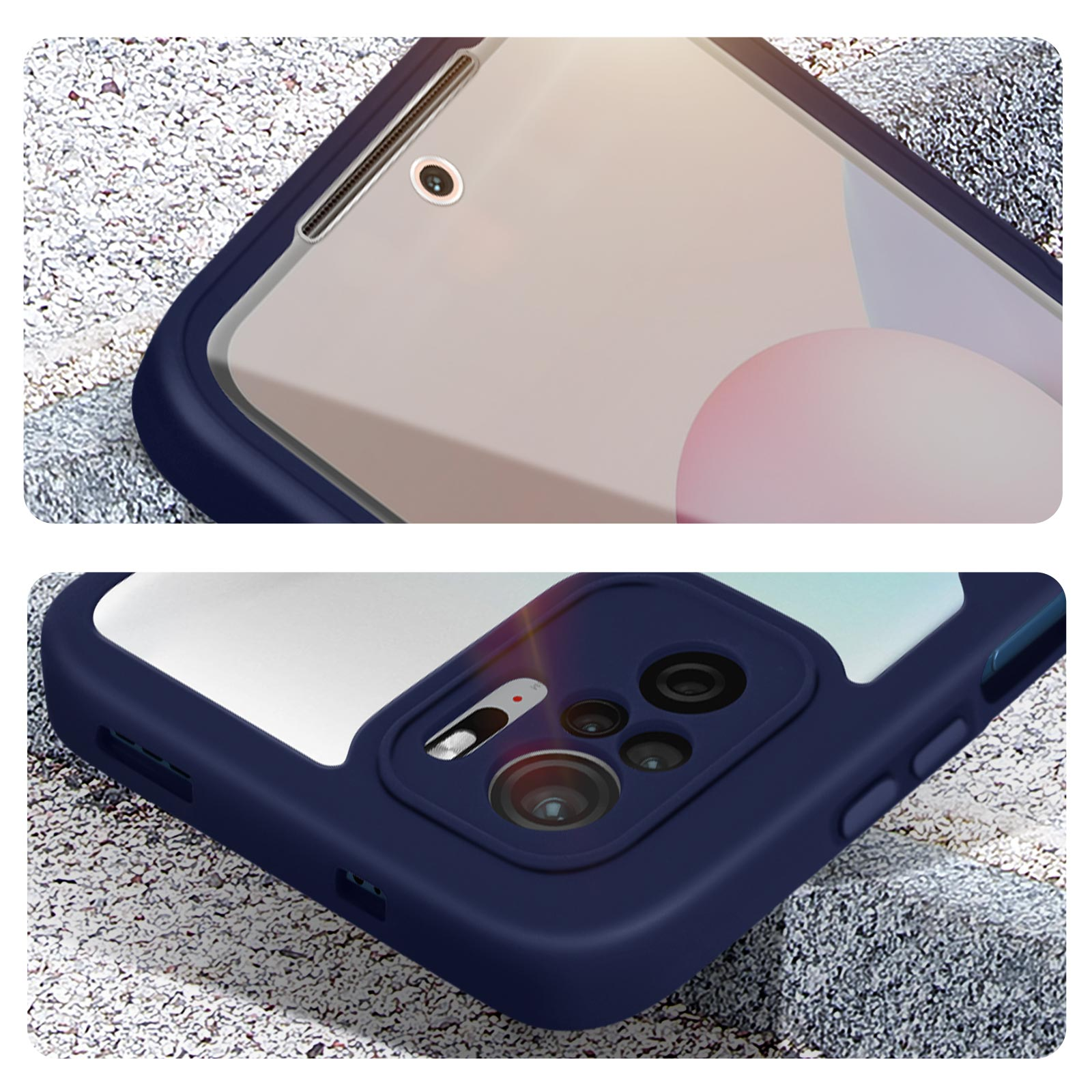 Custodia blu scuro per telefono con modulo fotocamera e lente frontale.