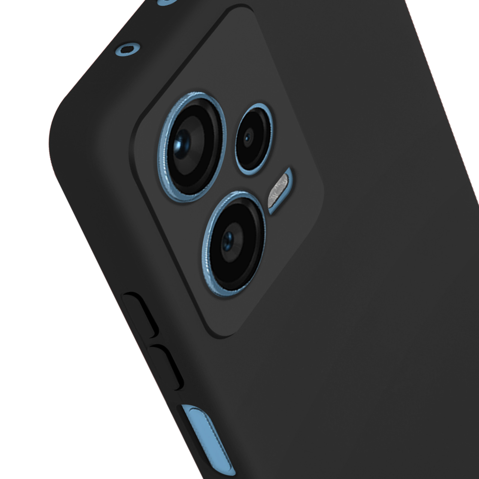 Cover nera per telefono con tripla fotocamera e accenti blu.