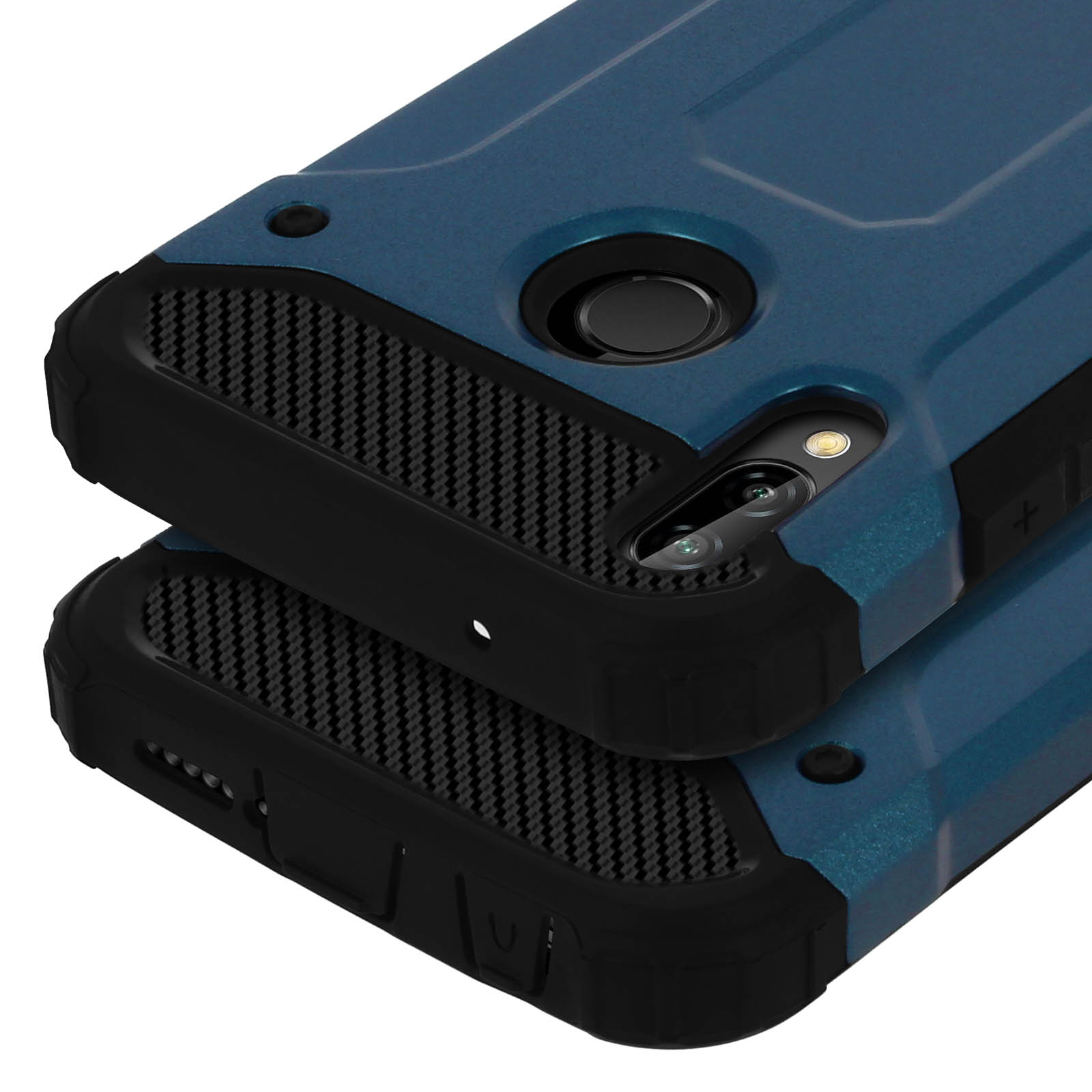 Deux coques de téléphone robustes, bleues et noires, empilées, montrent caméra et capteur.