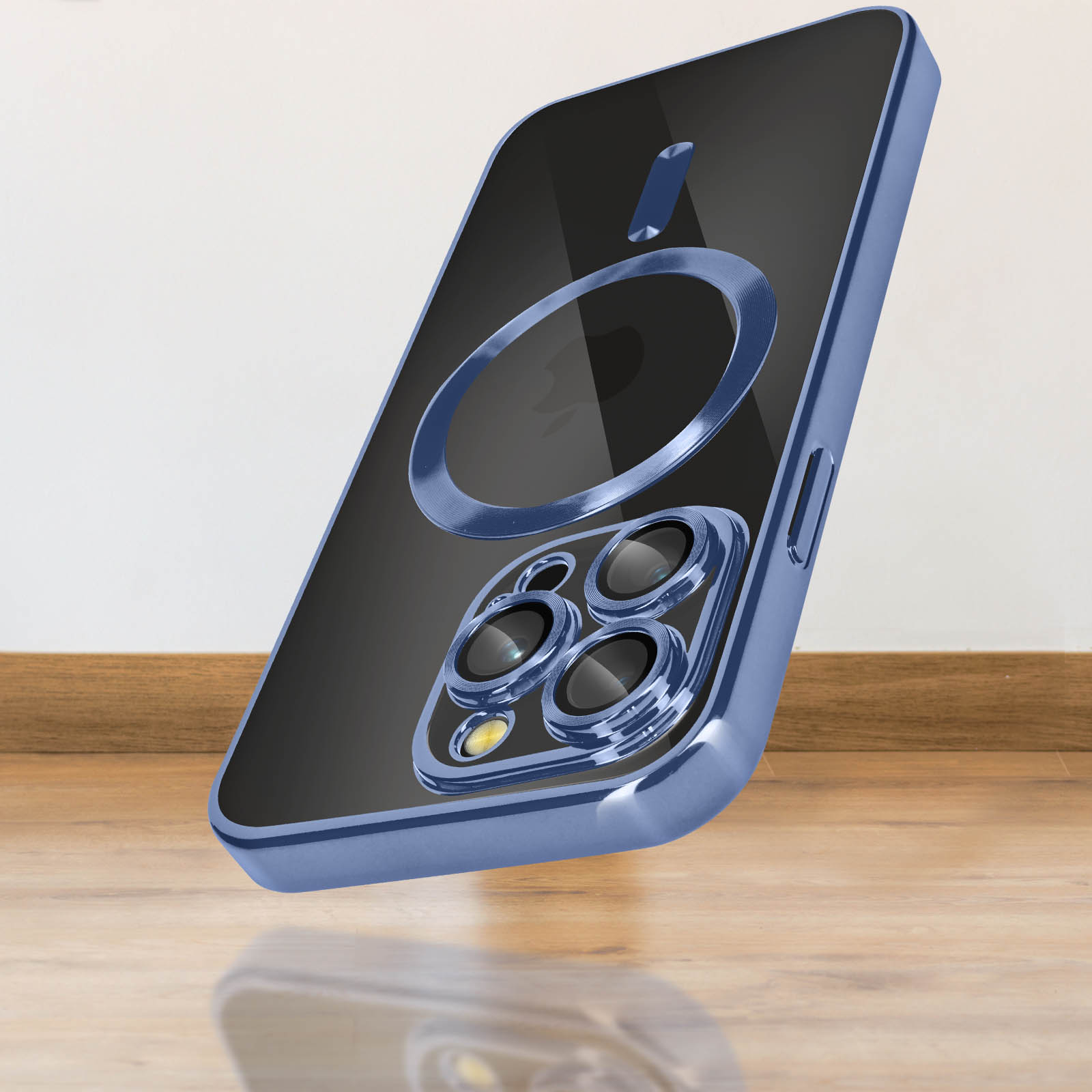 Una custodia blu per iPhone con retro trasparente e protezione.