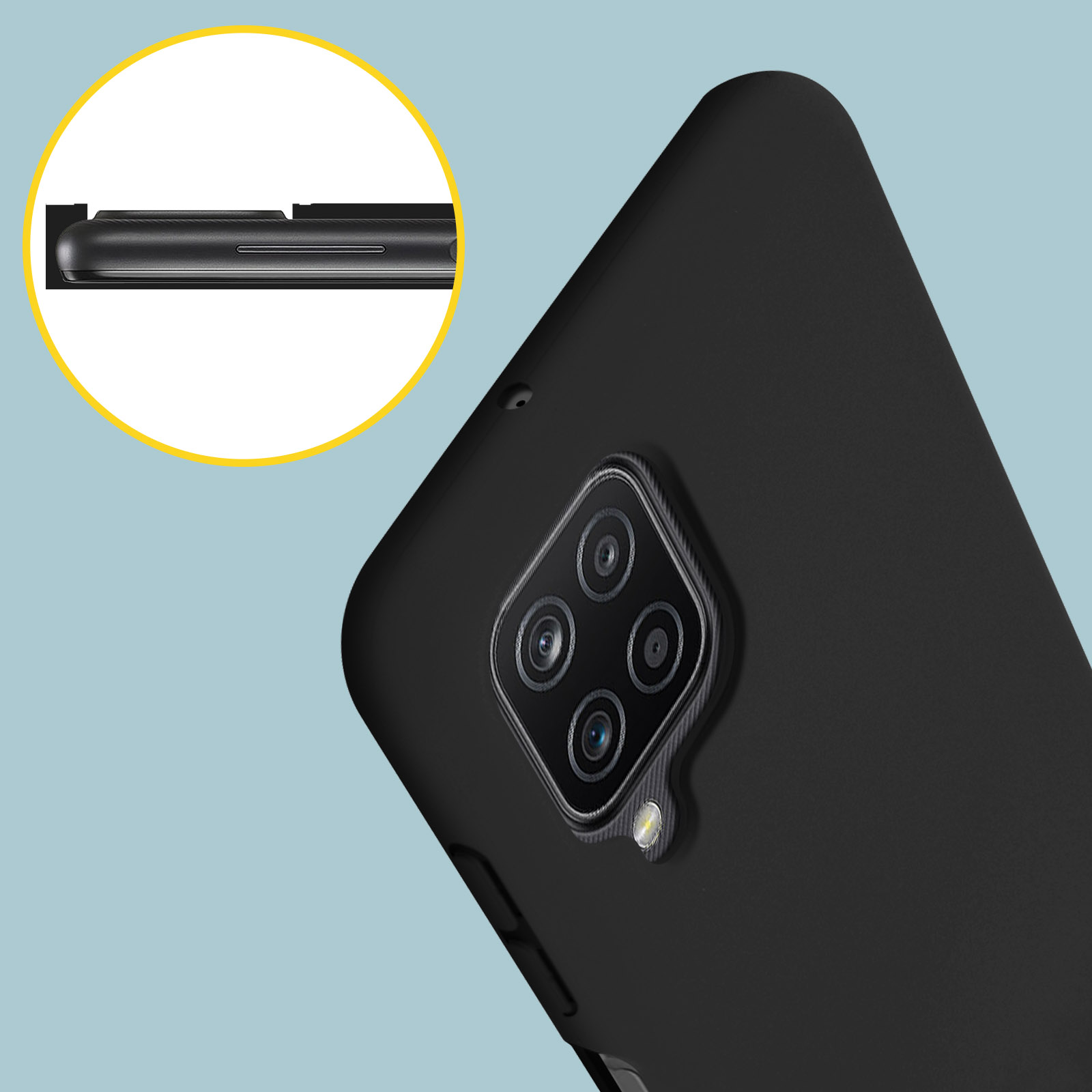 Custodia nera per telefono con array di fotocamere e vista laterale pulsanti.