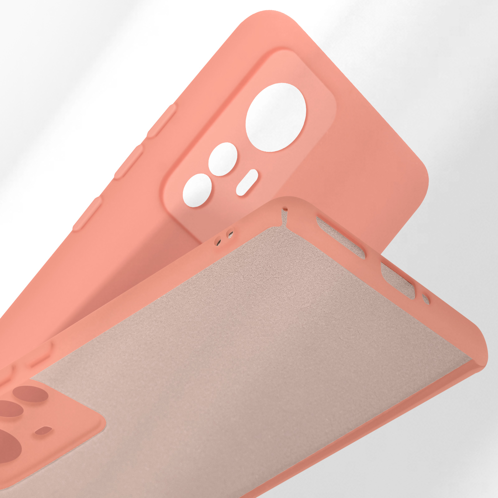 Due custodie per telefono color pesca, una con foro per fotocamera, sovrapposte.