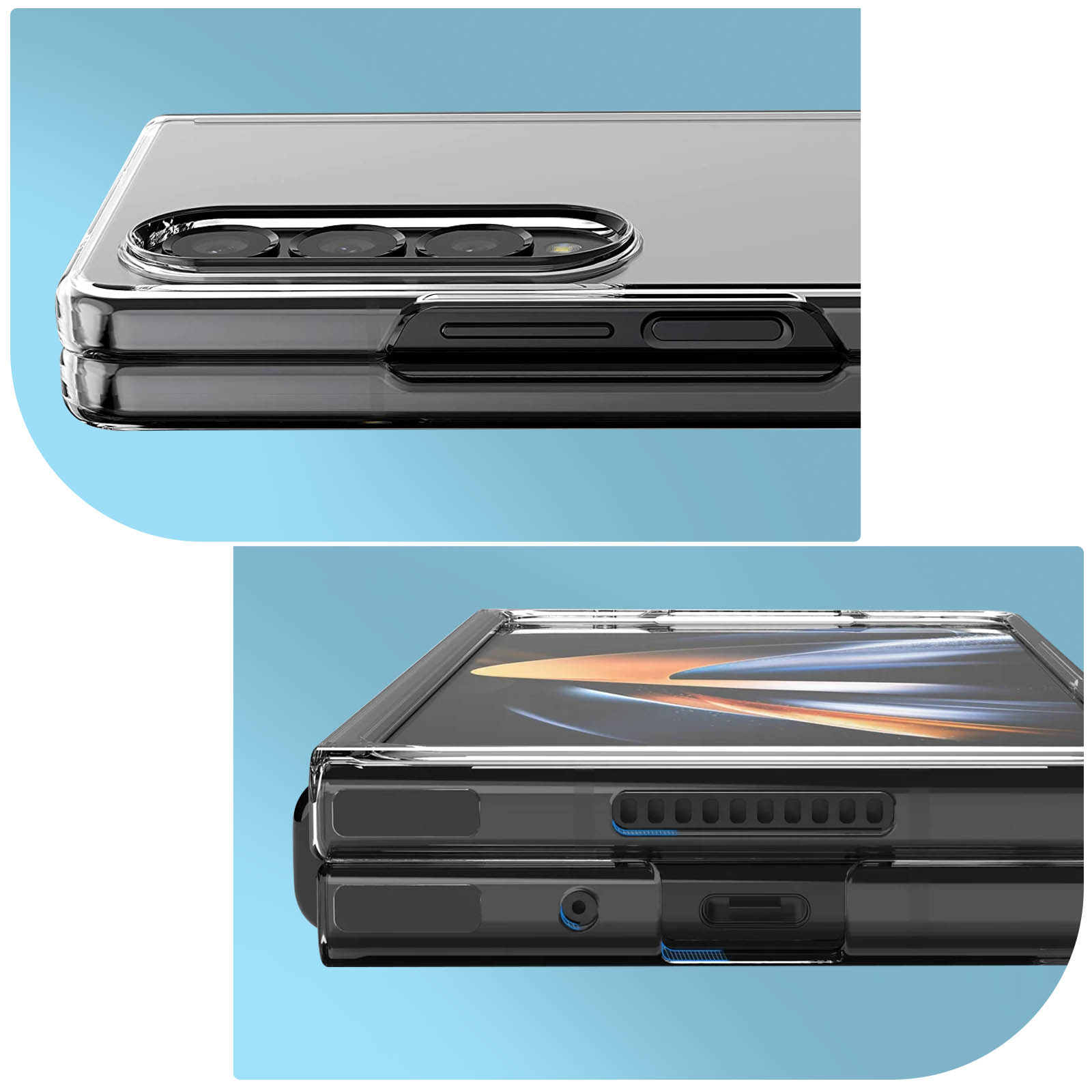 Une coque de téléphone transparente montrant trois caméras et des boutons latéraux.