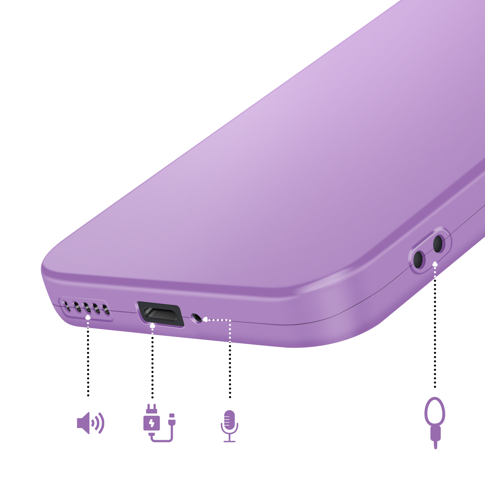 Bas de téléphone violet avec haut-parleur, port de charge, micro et prise casque.